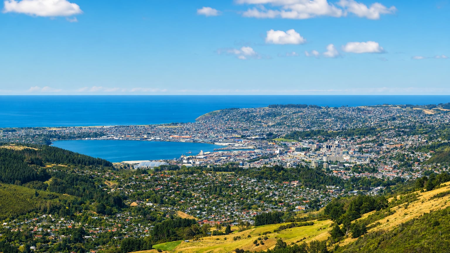 Aerial view over Dunedin, New Zealand, with its harbour, city centre and green Otago hills meeting the sea.