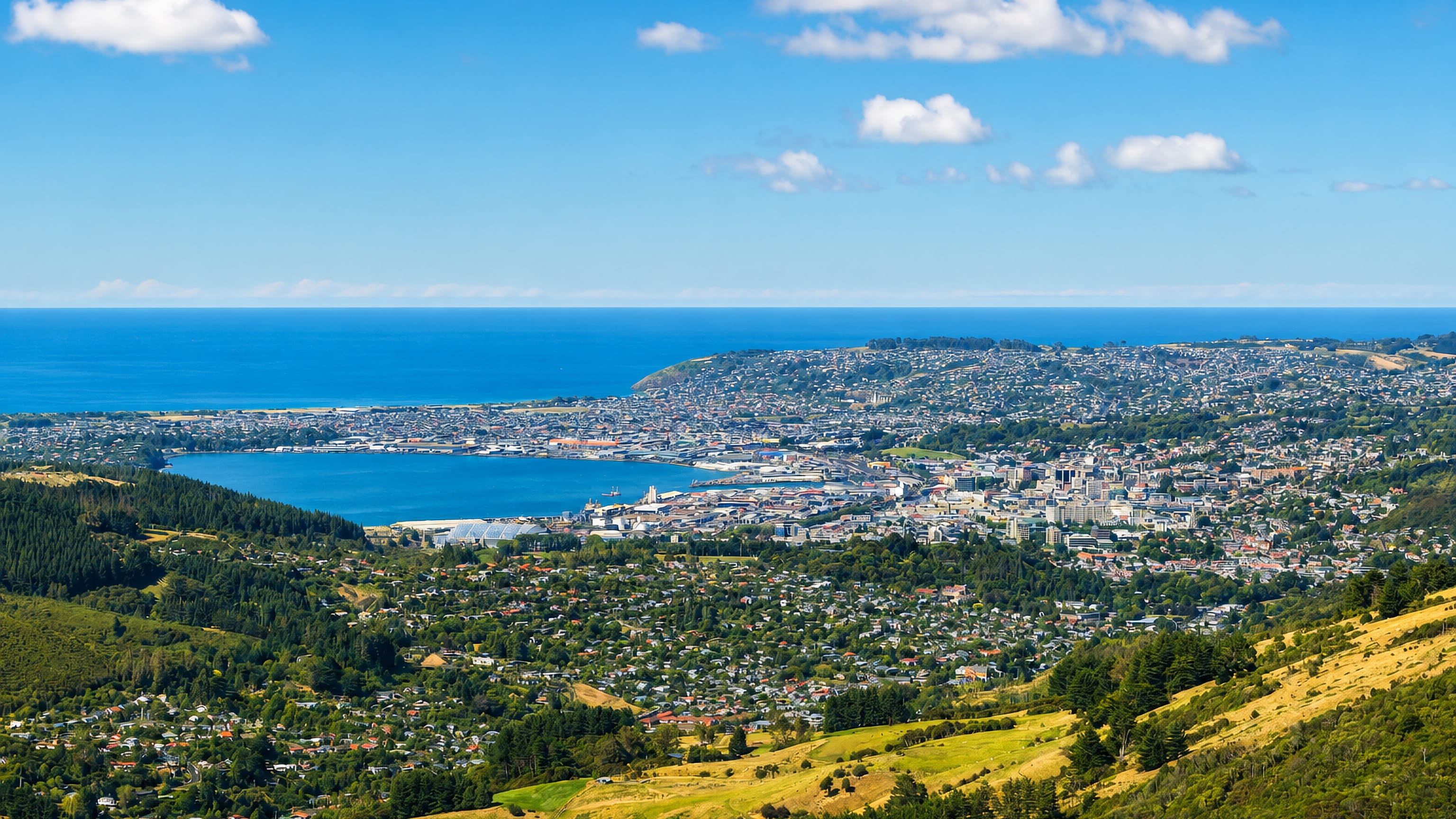 Aerial view over Dunedin, New Zealand, with its harbour, city centre and green Otago hills meeting the sea.