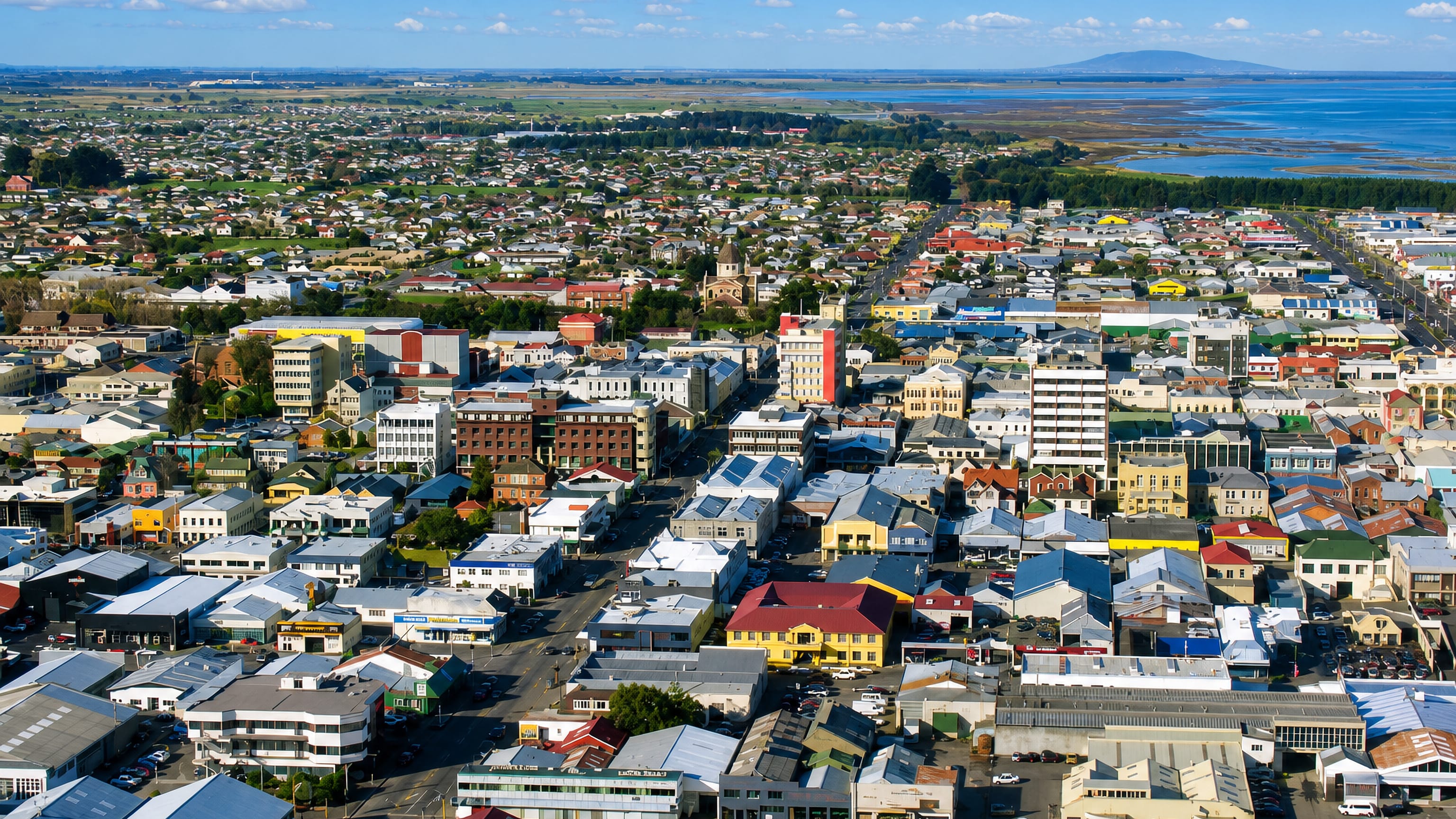 Aerial view over Invercargill's low-rise centre to the New River Estuary and Bluff Hill, New Zealand.