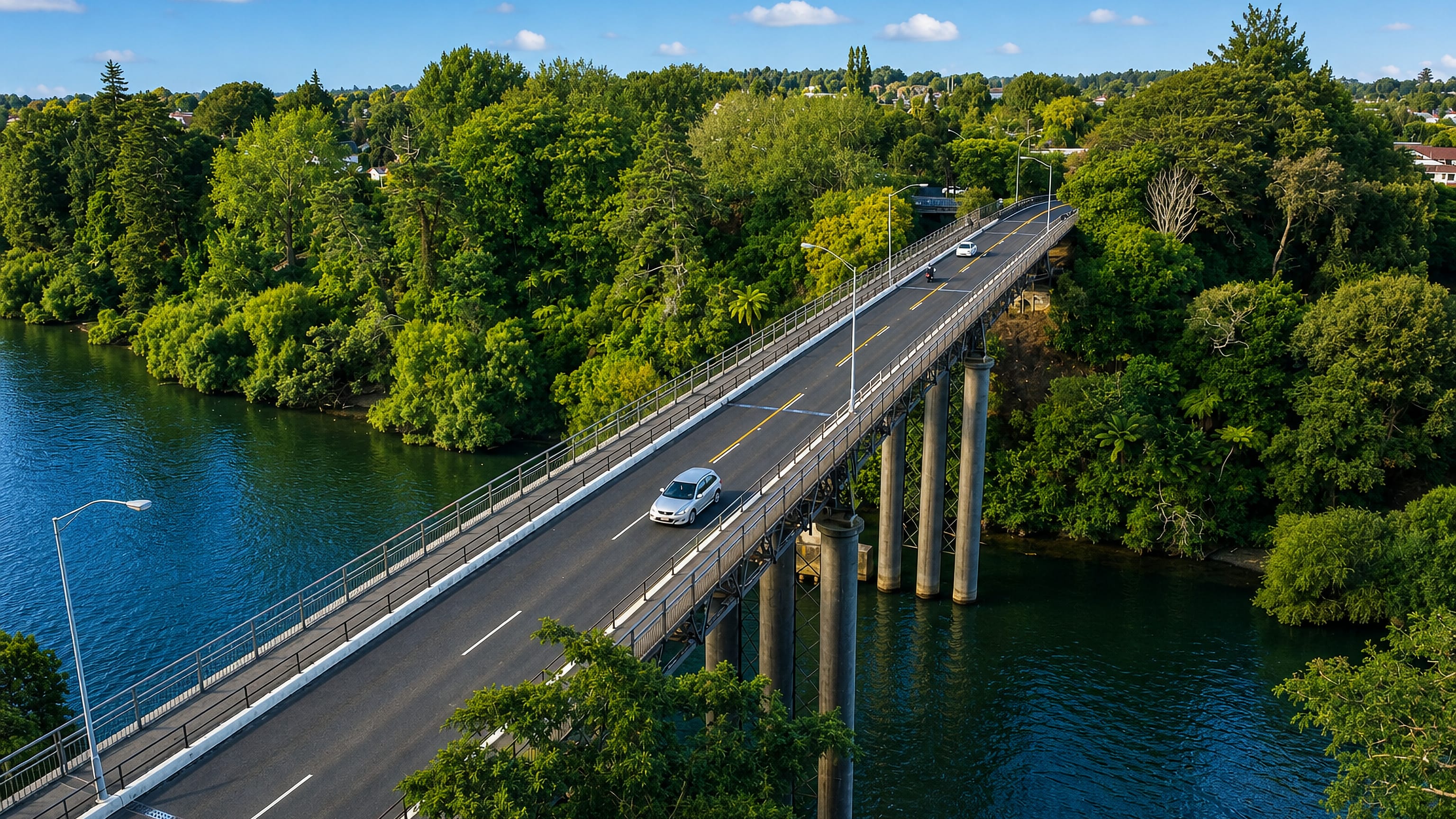 Road bridge crossing the tree-lined Waikato River in Hamilton, New Zealand, on a clear summer day.
