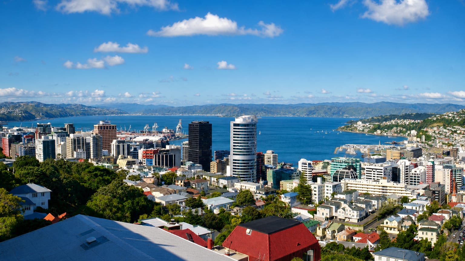 Hillside view over Wellington's downtown towers and harbour ringed by green hills.
