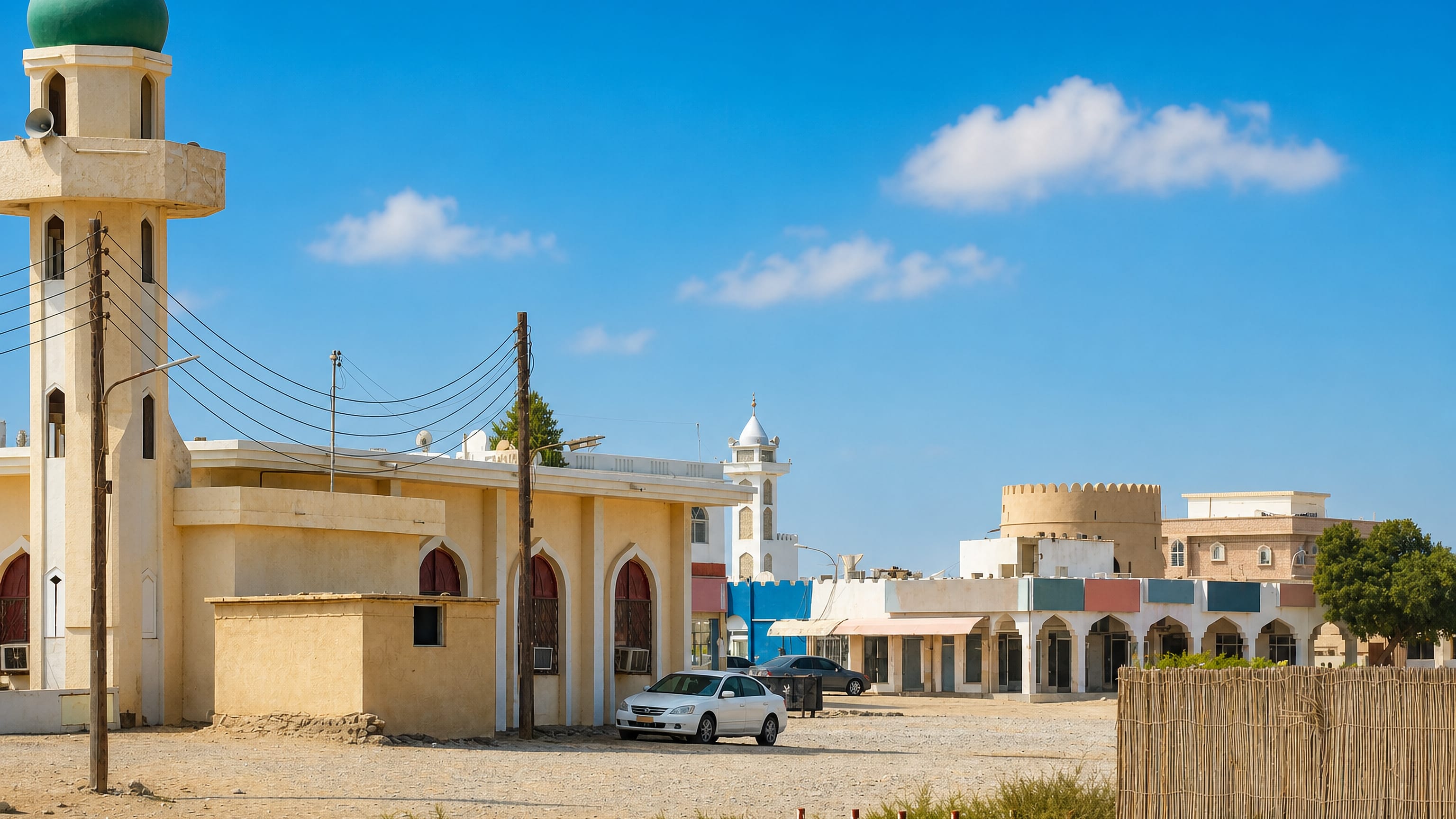 Green-domed mosque, round fort tower and arcaded shops at Barka on Oman's Batinah coast.