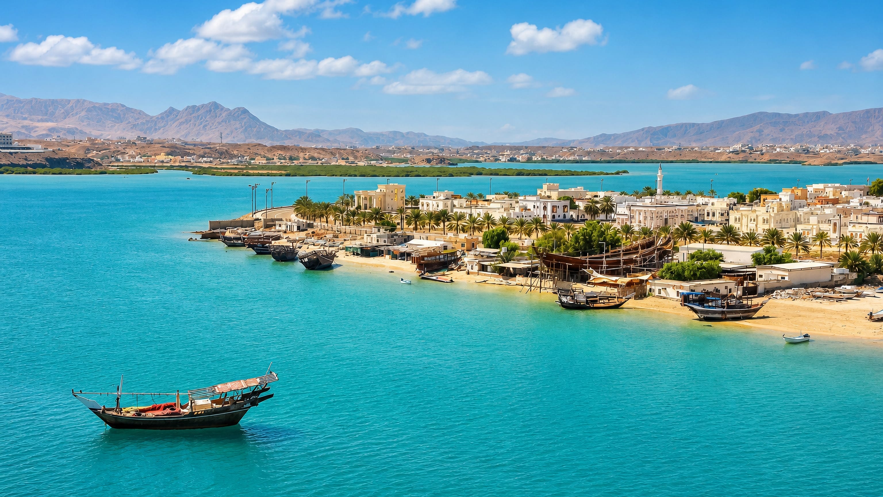 Wooden dhows on the turquoise lagoon at Sur, Oman, with whitewashed houses and a minaret along the shore.