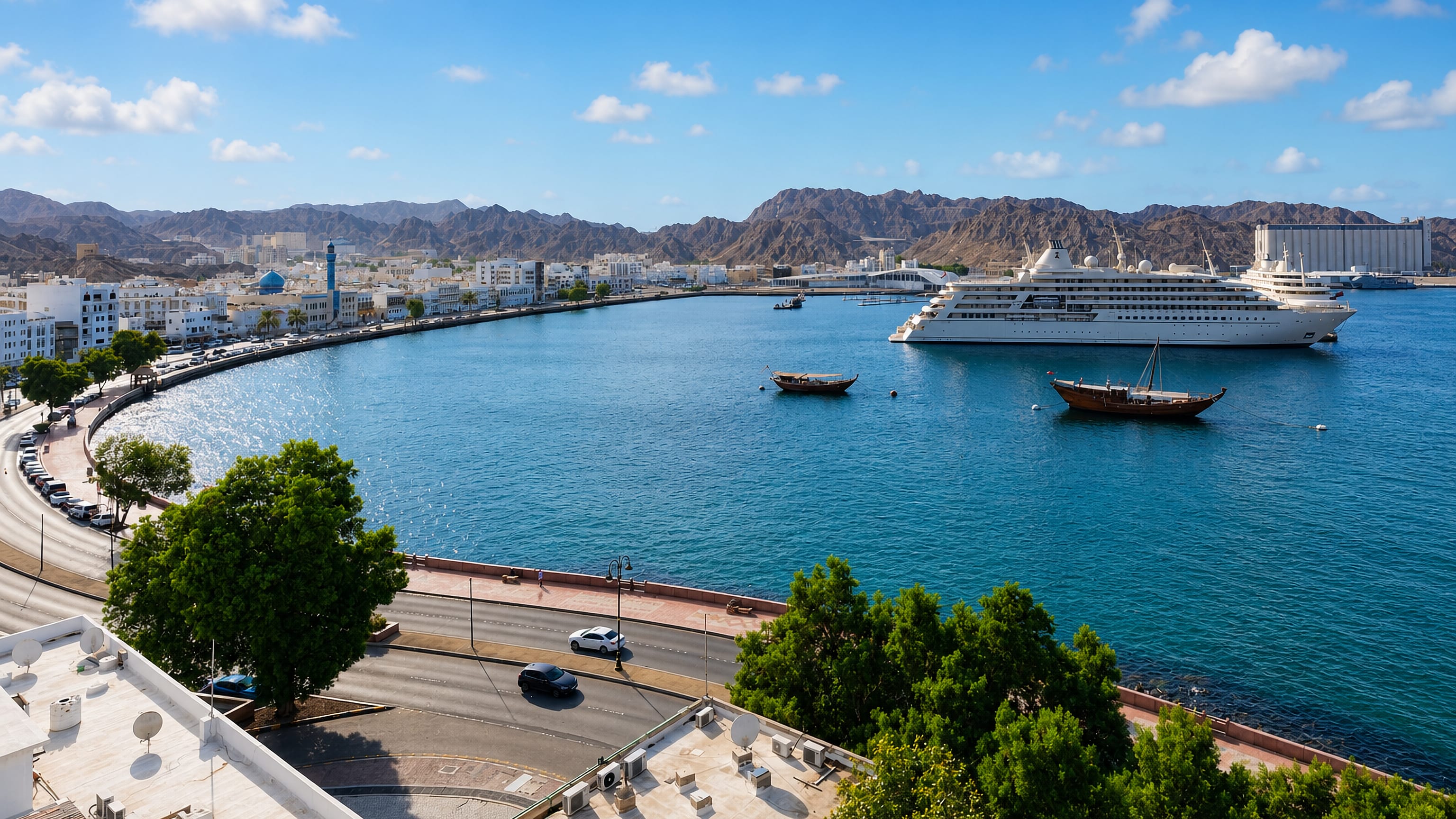 The curving Mutrah Corniche in Muscat with dhows, a cruise ship and the Hajar mountains behind