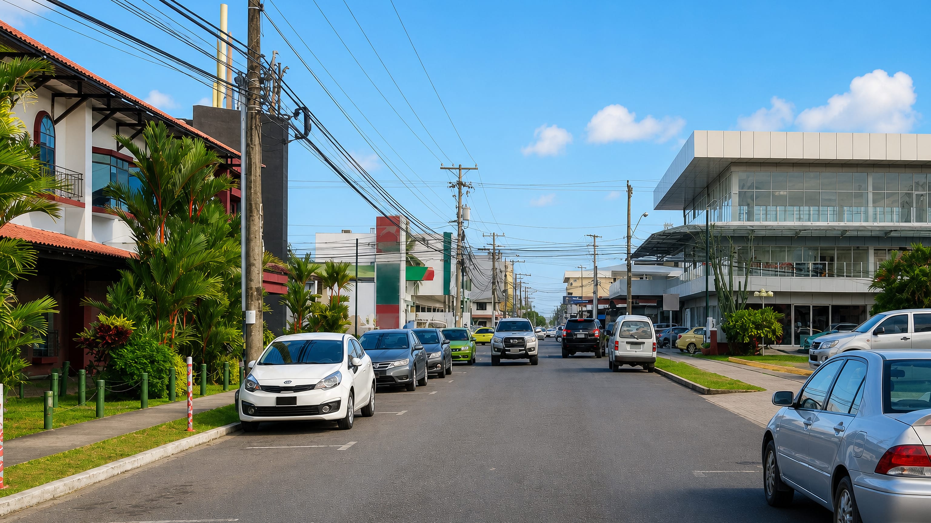 Commercial street in David, Panama, lined with parked cars, palms and modern shopfronts under a blue sky.