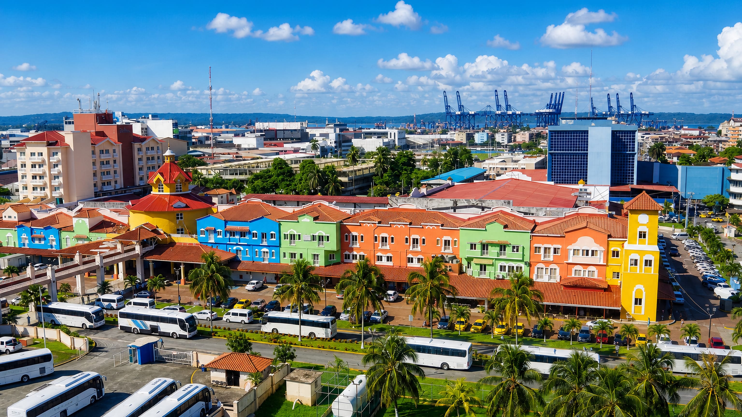 Brightly painted Colón 2000 cruise terminal buildings and port cranes at Colón, Panama.