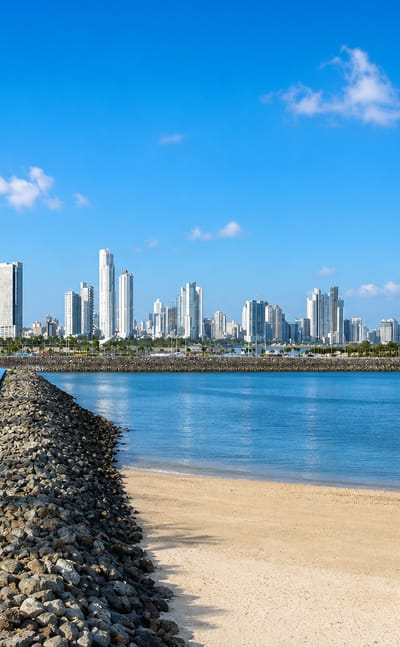 Panama City's modern skyline across the bay from the palm-lined Cinta Costera waterfront promenade.