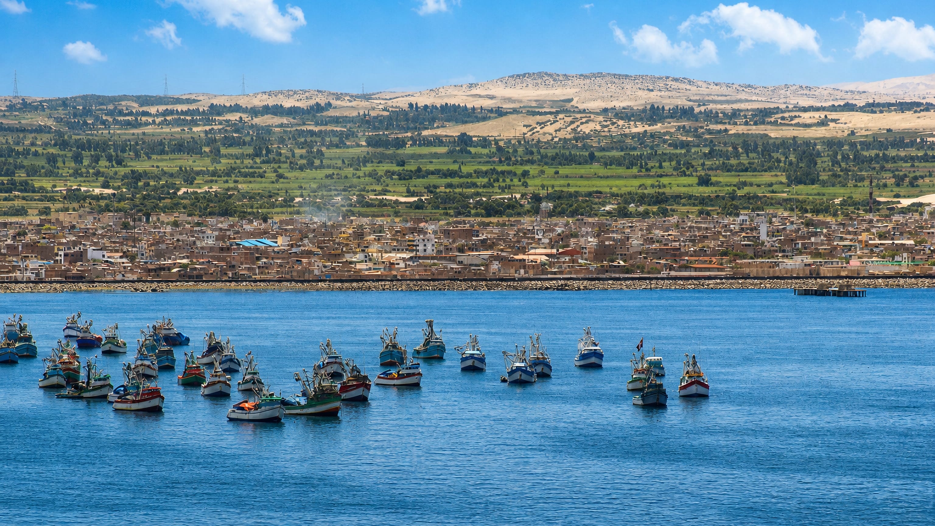 Fishing boats moored in Chimbote's bay, Peru, with the low town and desert hills rising behind the shore.