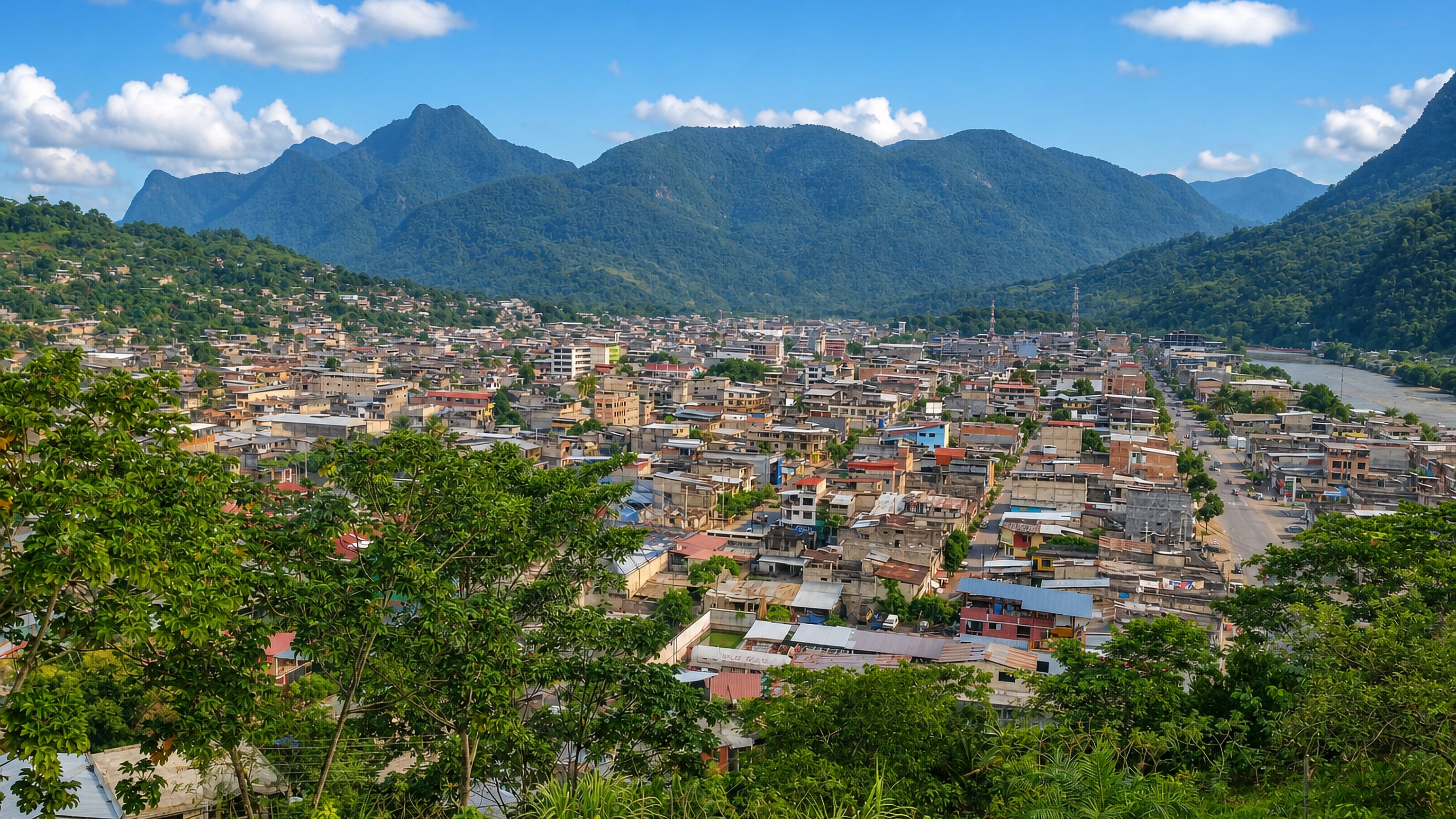 Tingo María, Peru, spread across a jungle valley below forested mountain ridges.