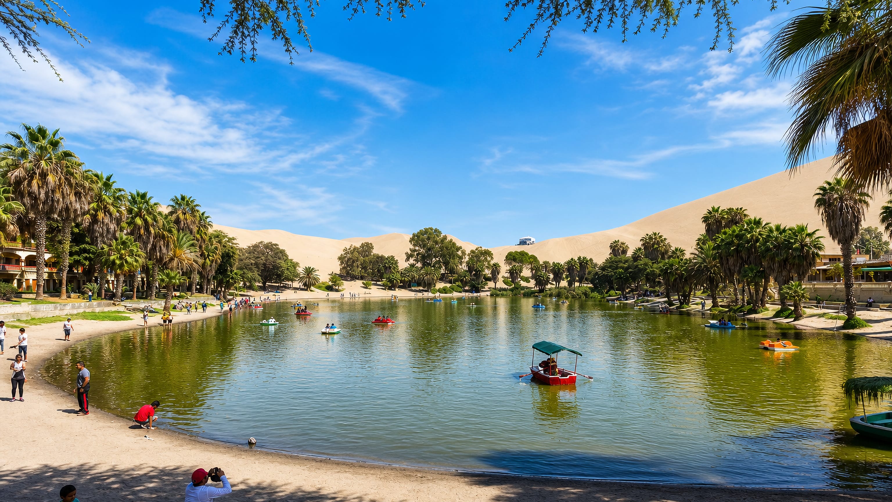 Huacachina desert oasis near Ica, Peru, with a palm-fringed lagoon, pedal boats and towering sand dunes.