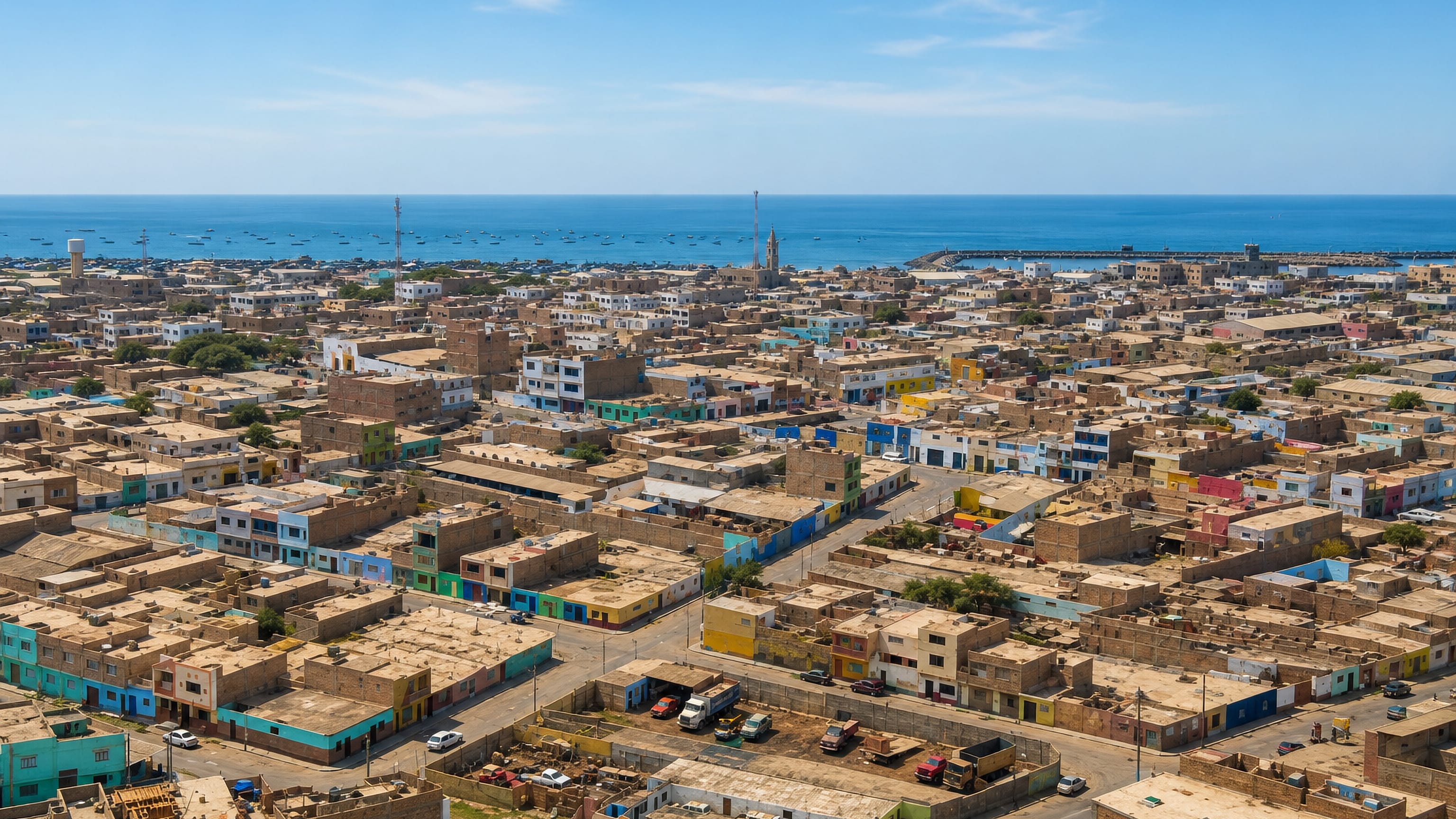 Pisco, Peru, from the air: low flat-roofed blocks and painted houses stretching to the Pacific harbour