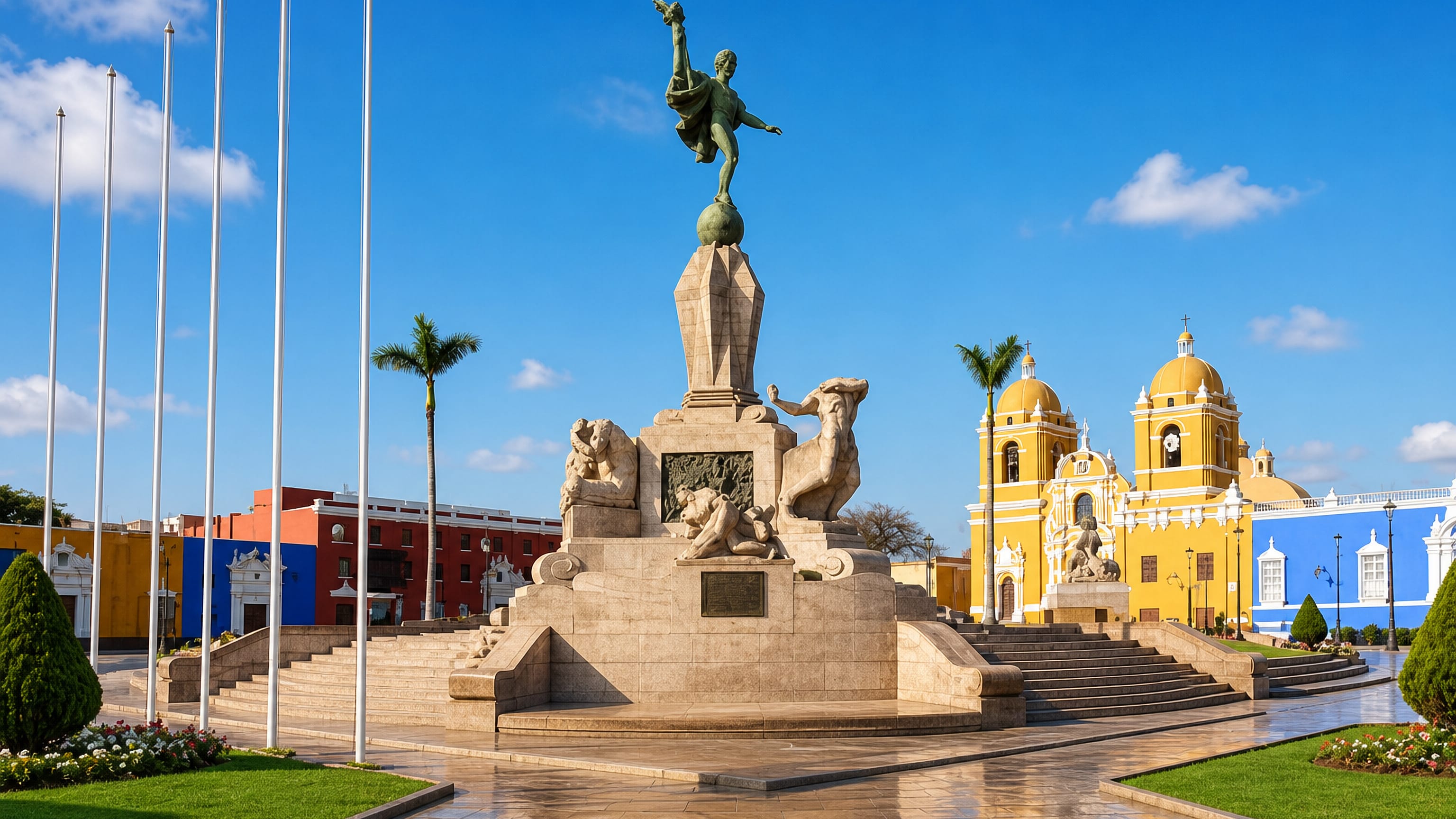 Trujillo's Plaza de Armas with the Freedom Monument and the yellow twin-towered cathedral, northern Peru.
