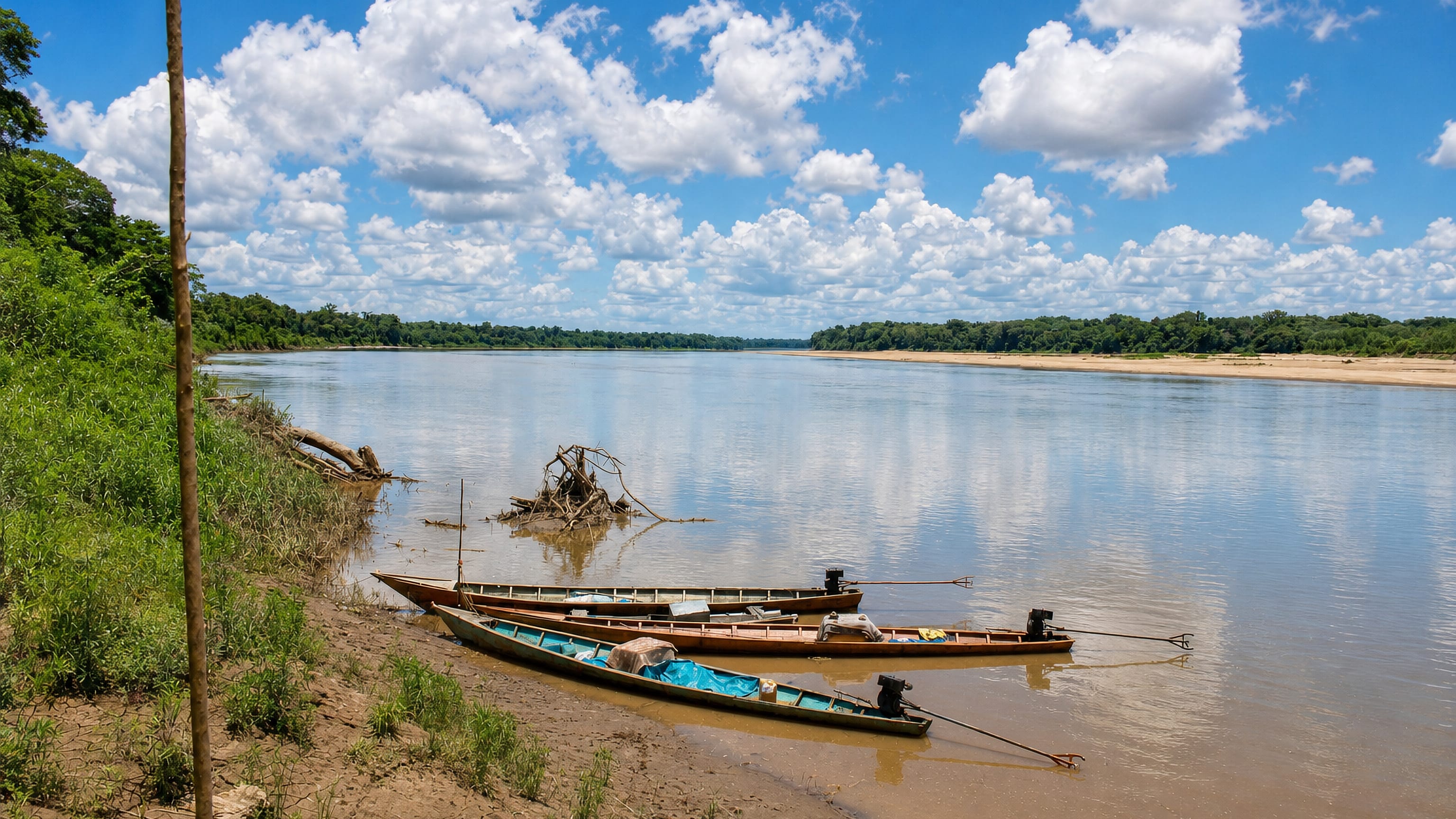 Wooden motor canoes moored on the sandy bank of the Madre de Dios River at Puerto Maldonado, Peru.