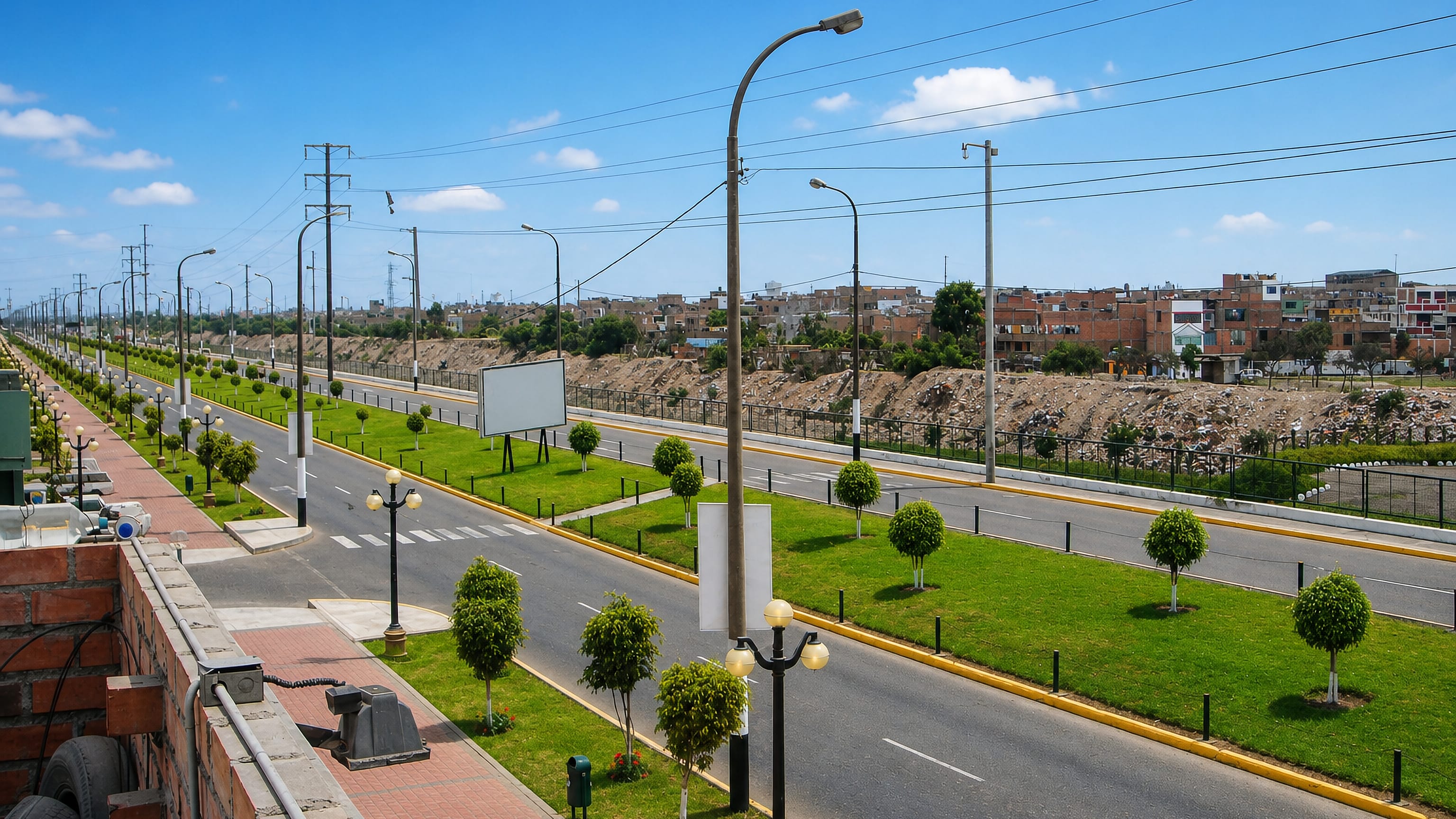 A landscaped divided avenue through Carmen de la Legua in Callao, with low brick houses on the ridge behind.
