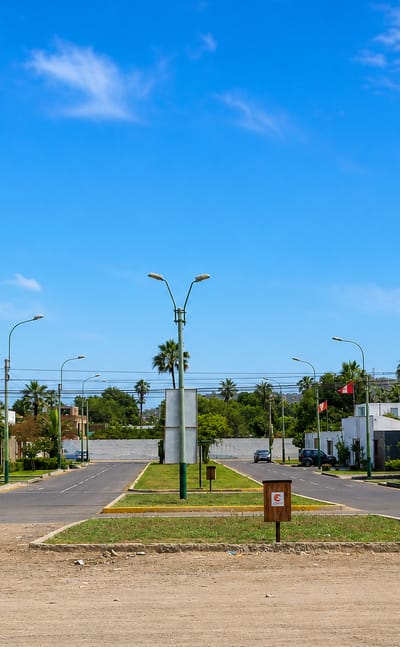 Modern white houses and palm trees along a wide boulevard in the La Encantada de Villa area of Lima