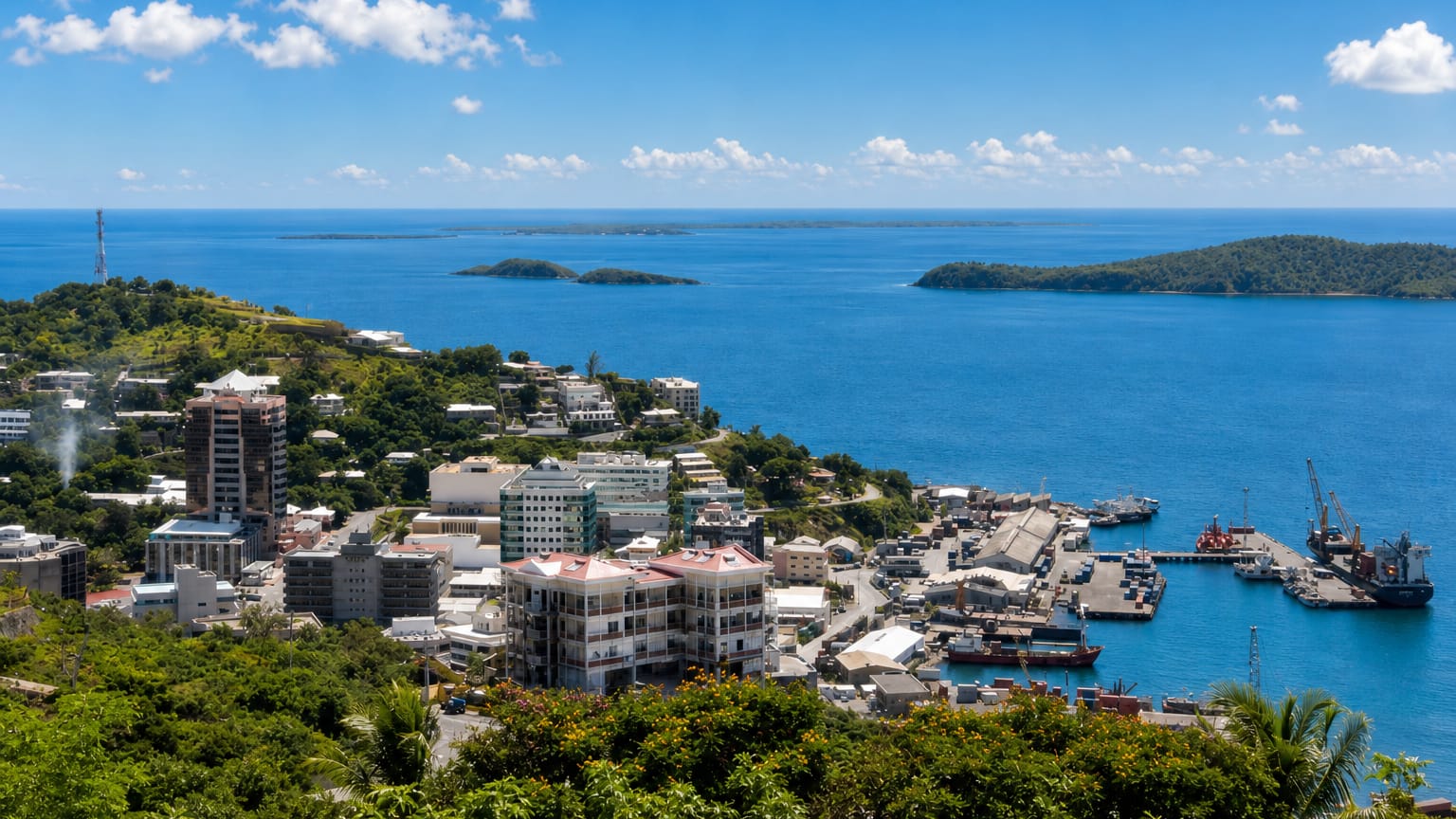 Hillside town overlooking the harbour, port and island-dotted sea at Port Moresby, Papua New Guinea