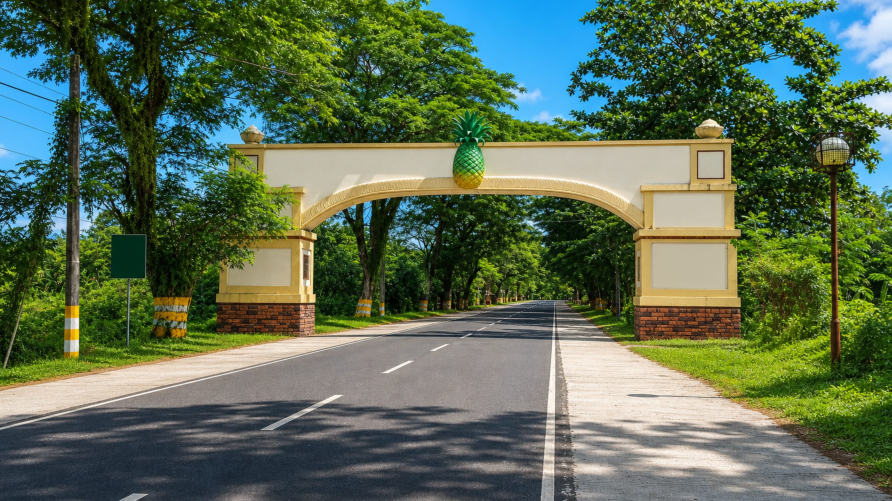 Pineapple-topped welcome arch over a tree-lined highway at Daet in Camarines Norte, Philippines.