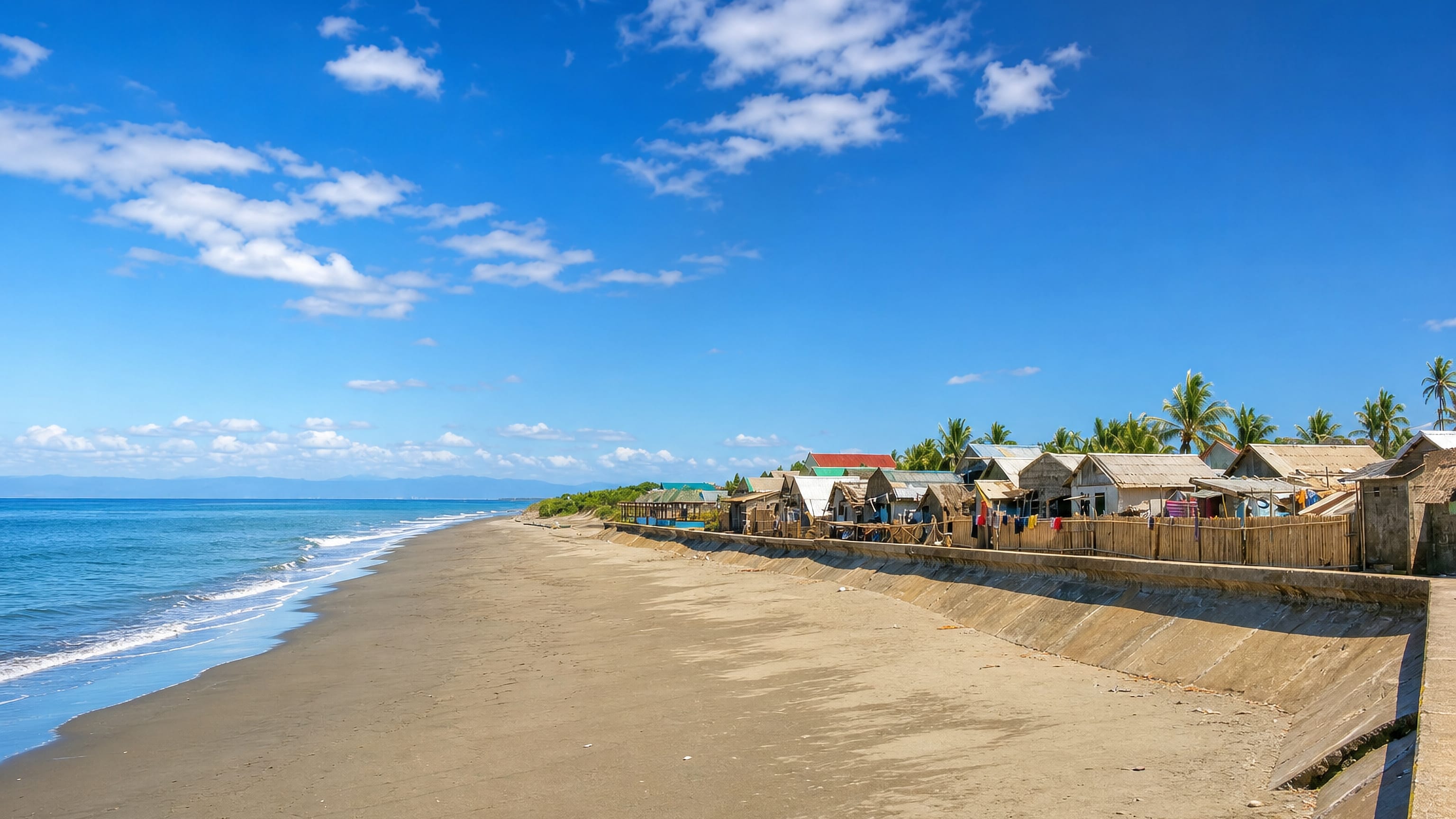 Sandy beach and concrete seawall backed by bamboo fishing huts and palms at Aparri on the Cagayan coast, Philippines.