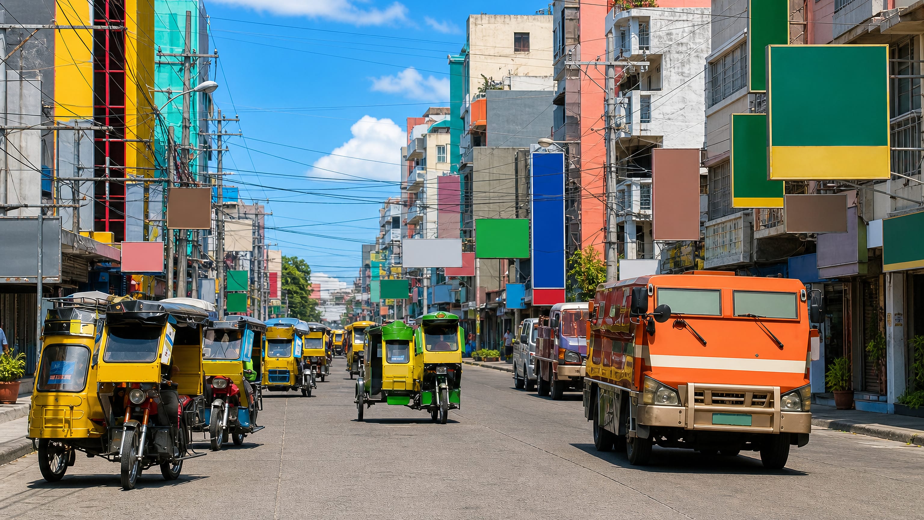 Tricycles and a delivery truck on a colourful commercial street in Tuguegarao, Philippines.