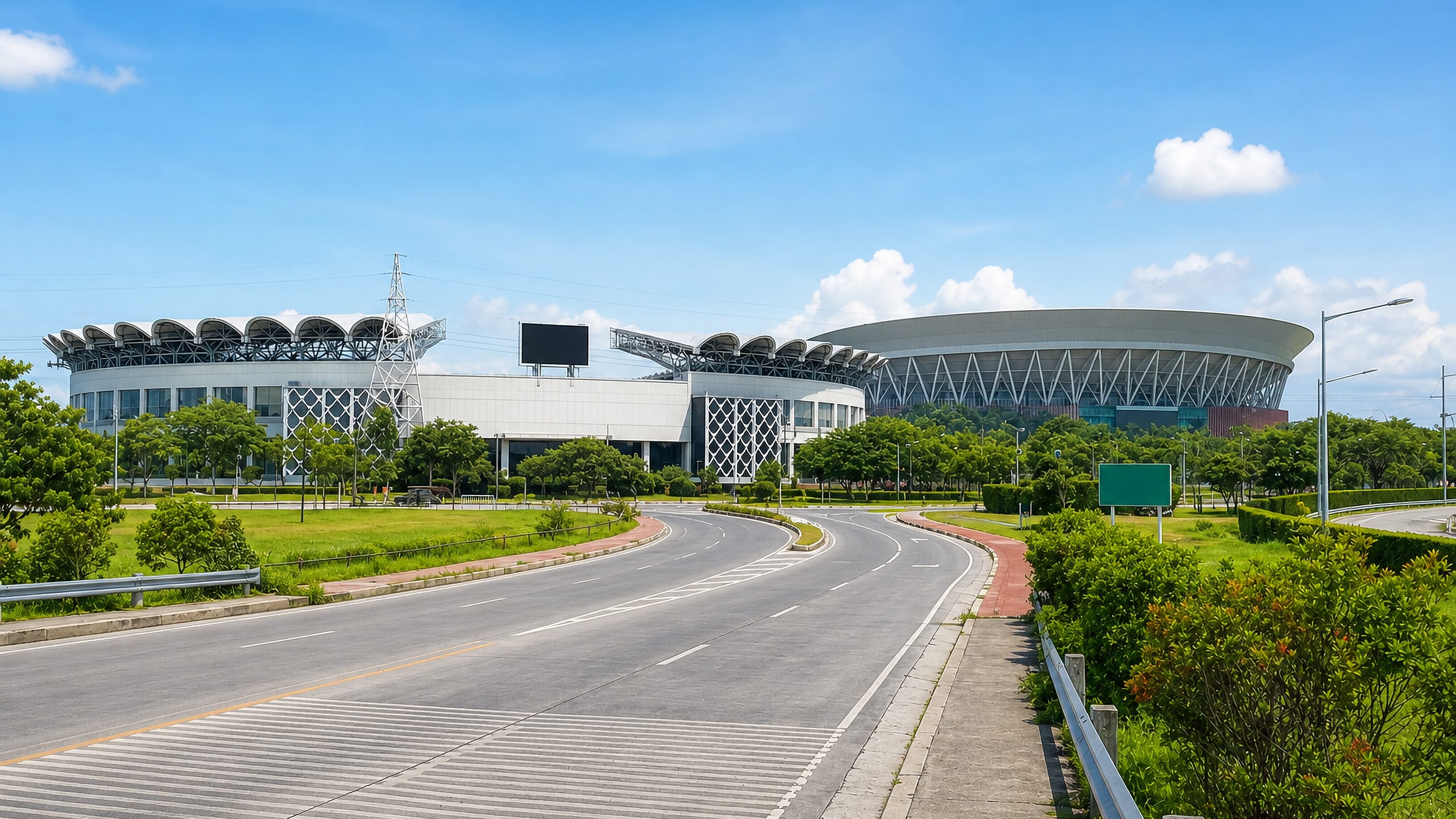 Curving highway past the domed arena and stadium complex at Bocaue, Bulacan, Philippines