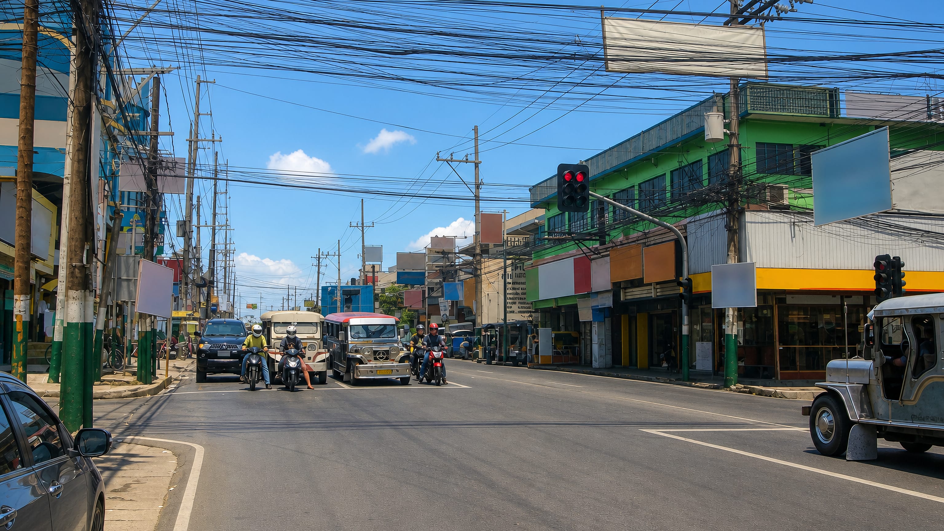 Jeepneys and motorcycles on the shop-lined main road through Marilao, Bulacan, Philippines