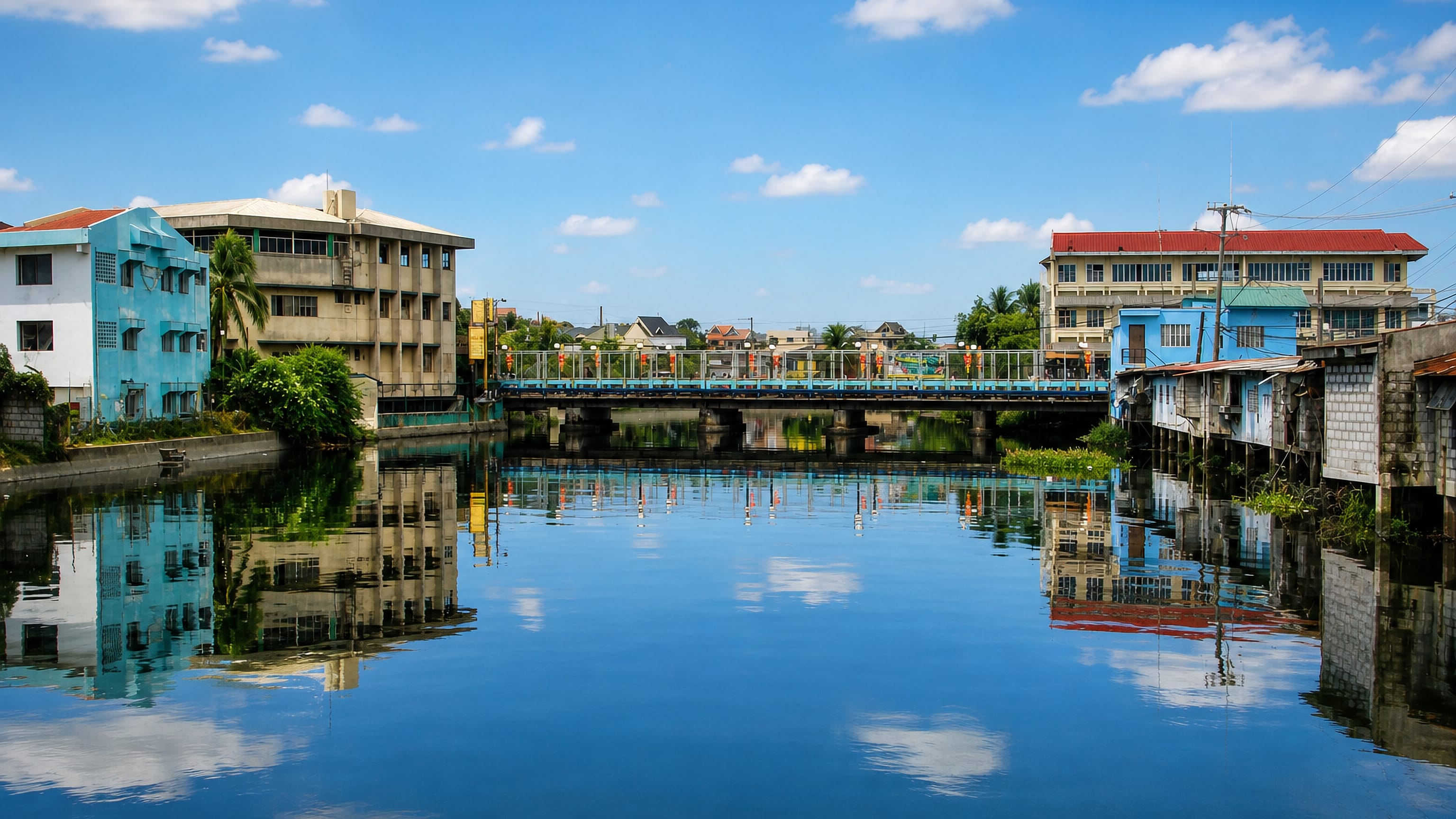 River bridge and riverside buildings mirrored in still water at Meycauayan, Bulacan, Philippines.