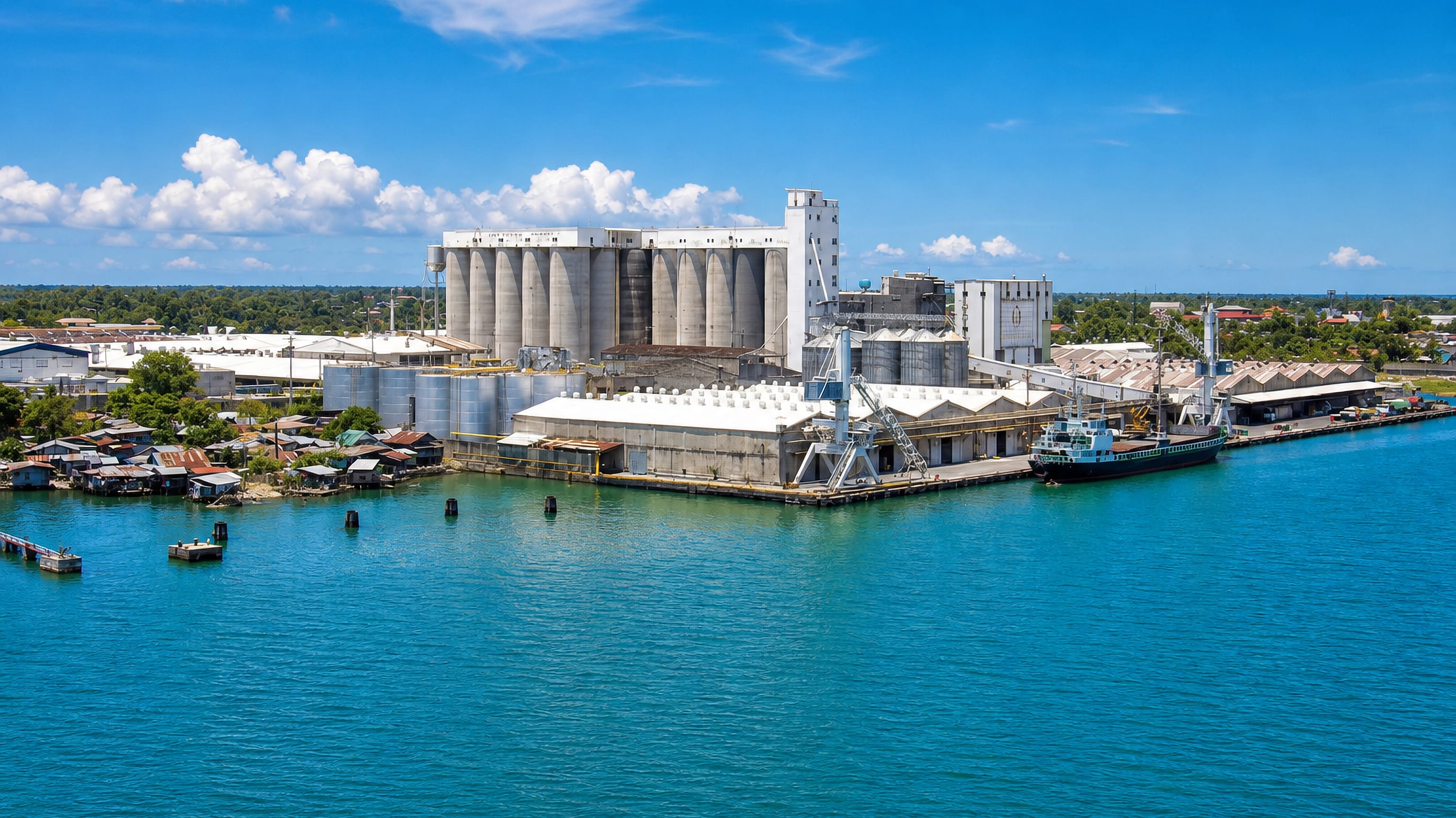 Cargo ship and grain silos on the port waterfront at Mactan, Cebu, under a bright tropical sky.