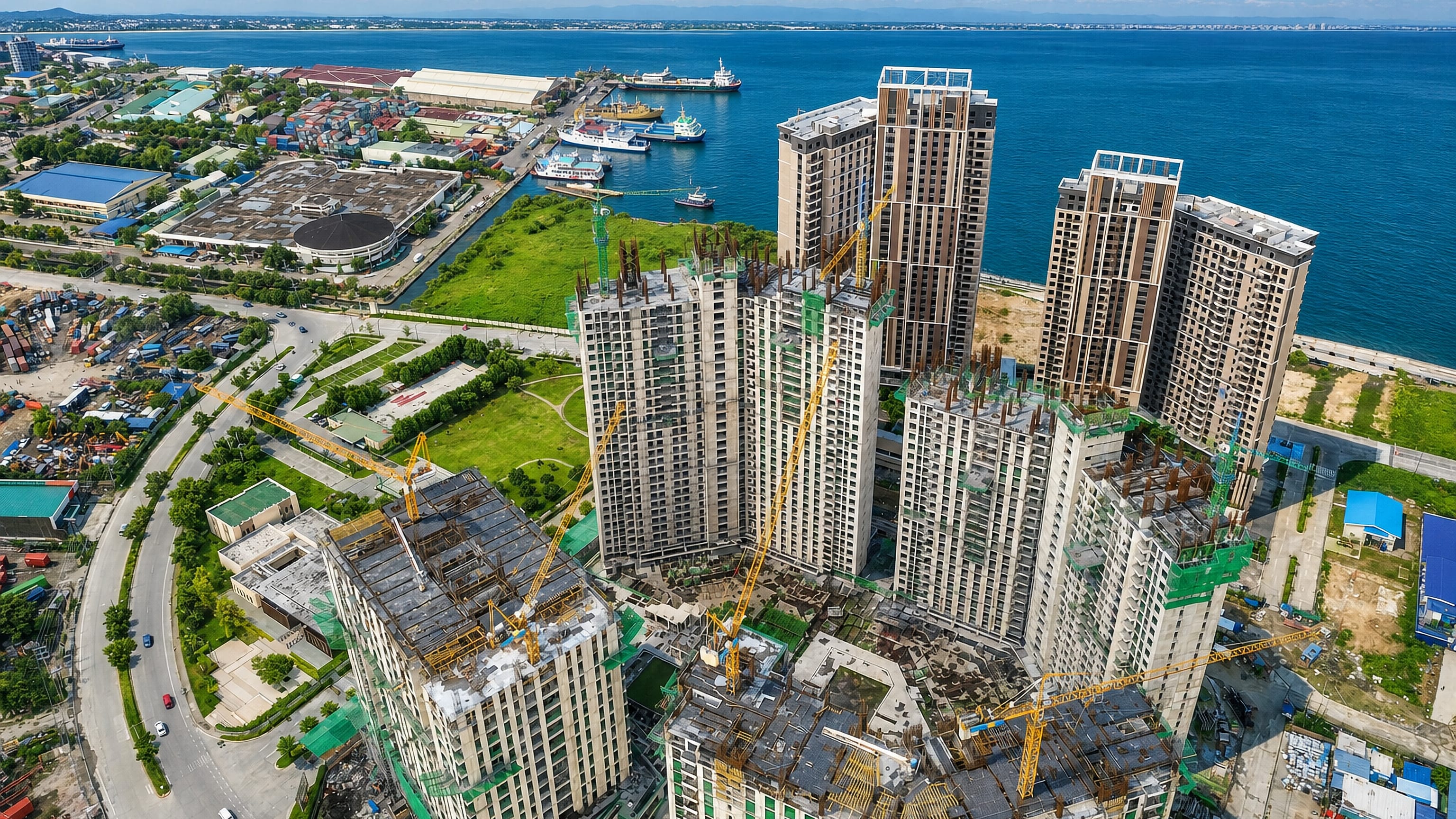 High-rise towers under construction along the waterfront in Mandaue City, Cebu, beside blue channel water.