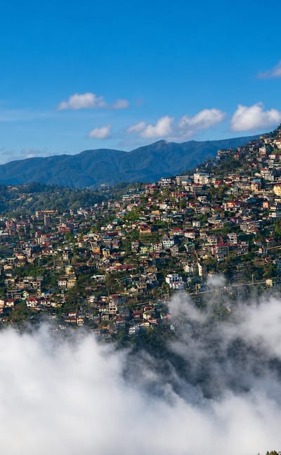 Colourful houses blanketing the pine-clad hillsides of Baguio, Philippines, above a sea of clouds.