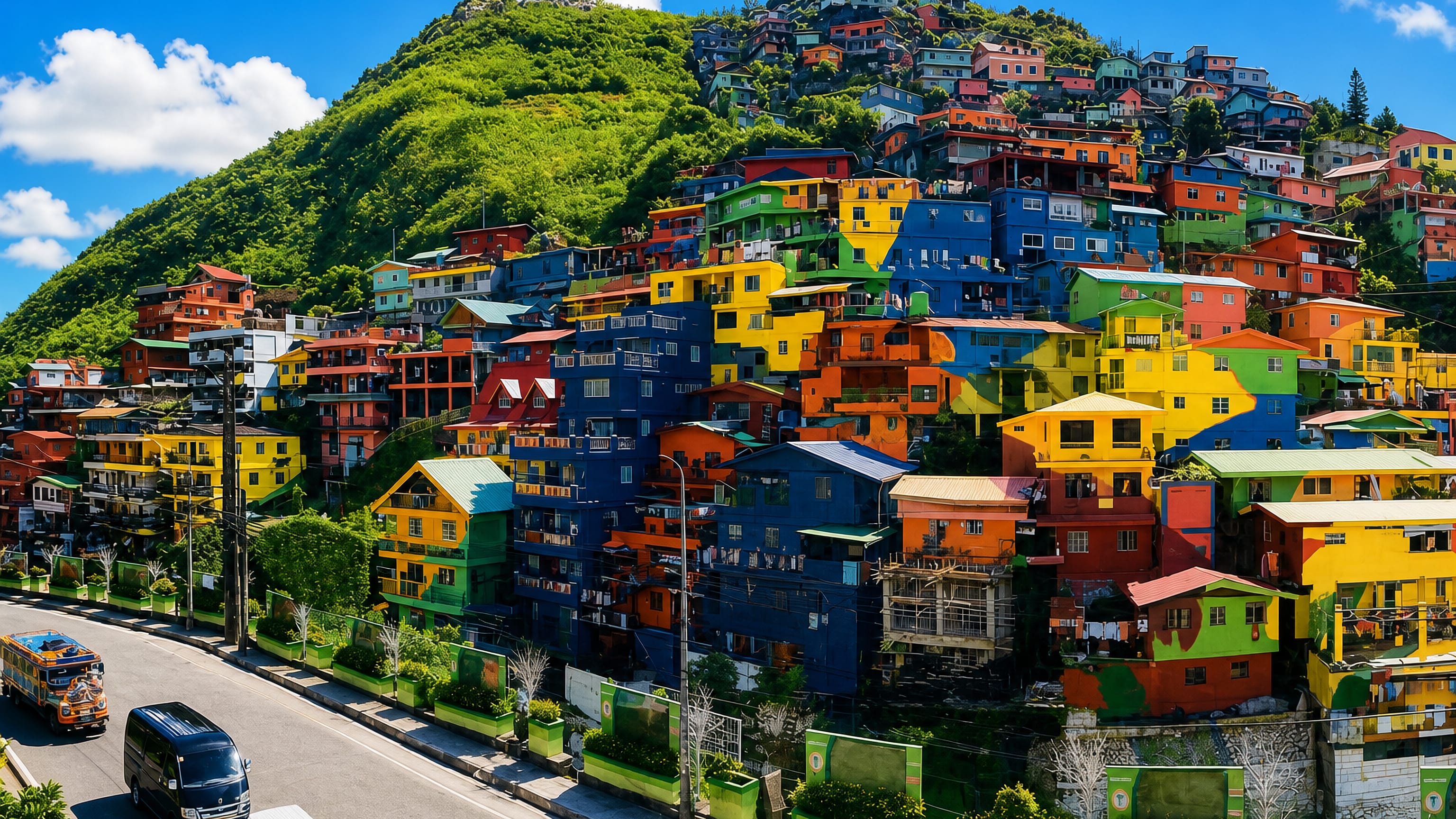Brightly painted houses stacked up a green hillside above the highway in La Trinidad, Benguet.