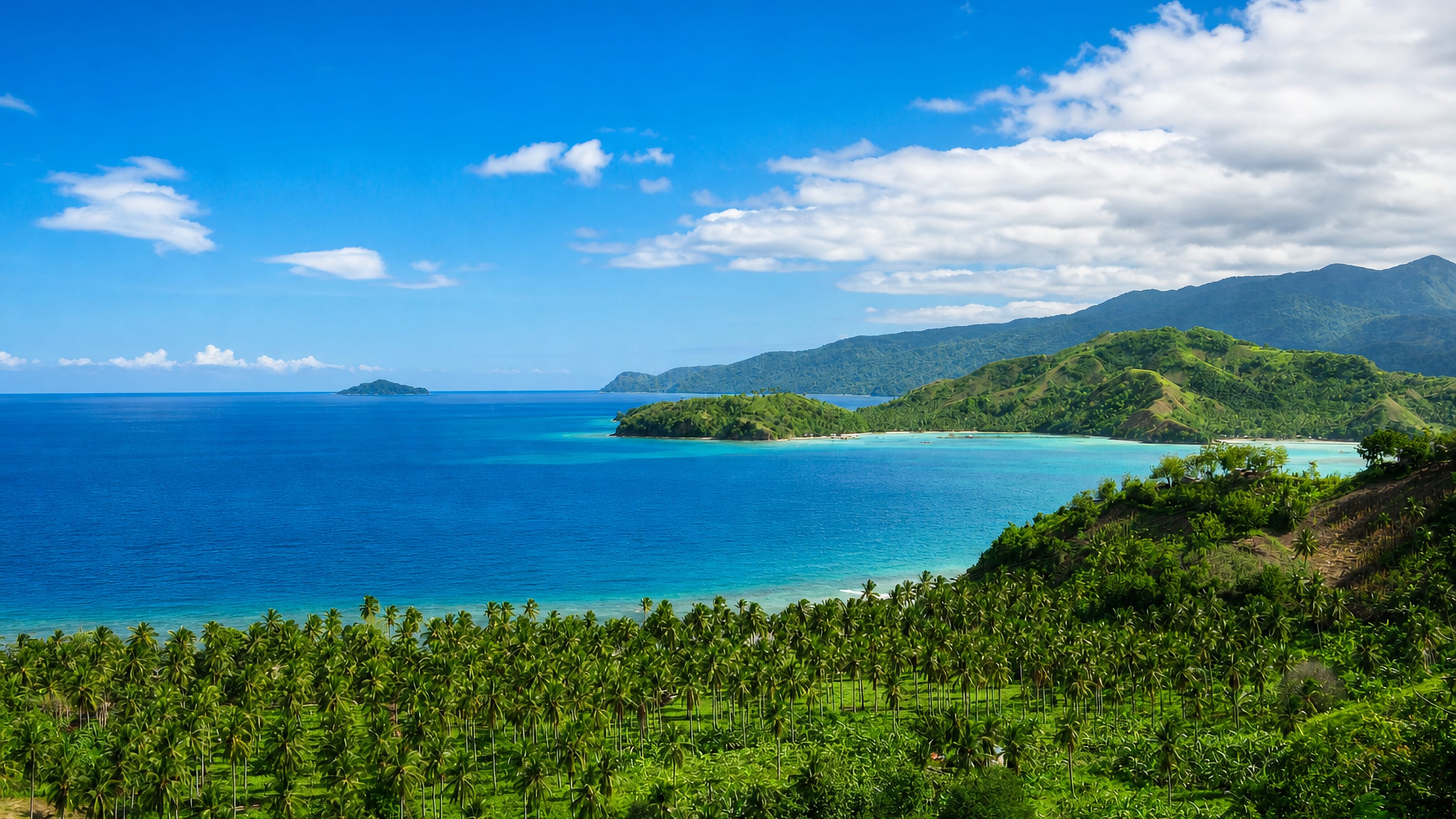 Turquoise bay, coconut groves and green headlands on the coast at Mati, Davao Oriental, Philippines.