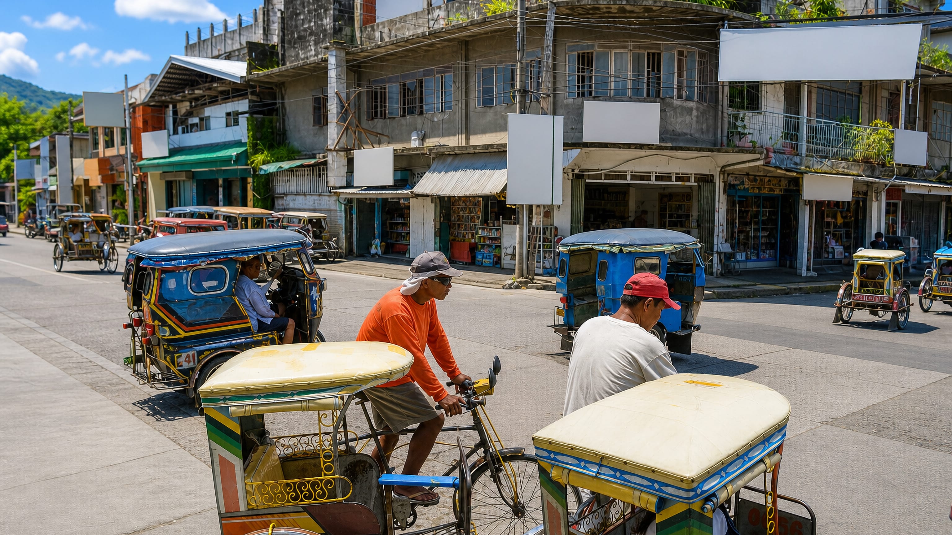 Tricycles and pedicabs crossing a shopfront-lined street in Catbalogan, Philippines