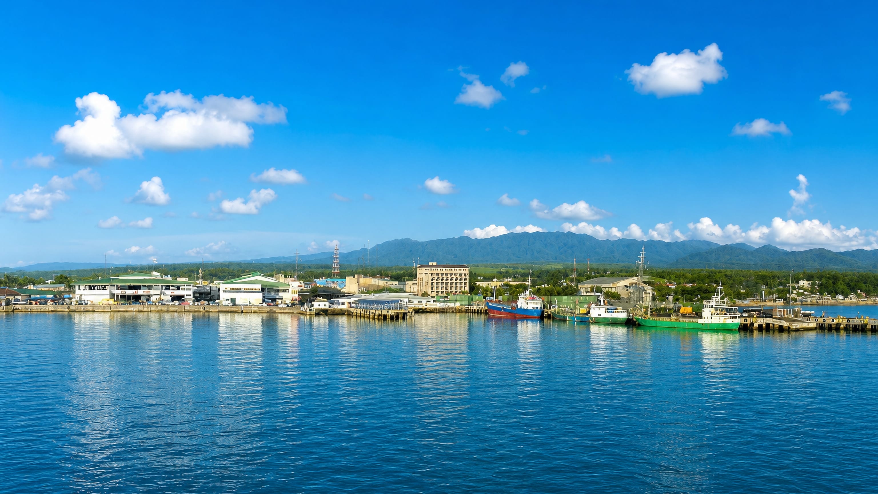 Ormoc's harbour front on Leyte, with docked cargo boats and mountains rising behind the town.