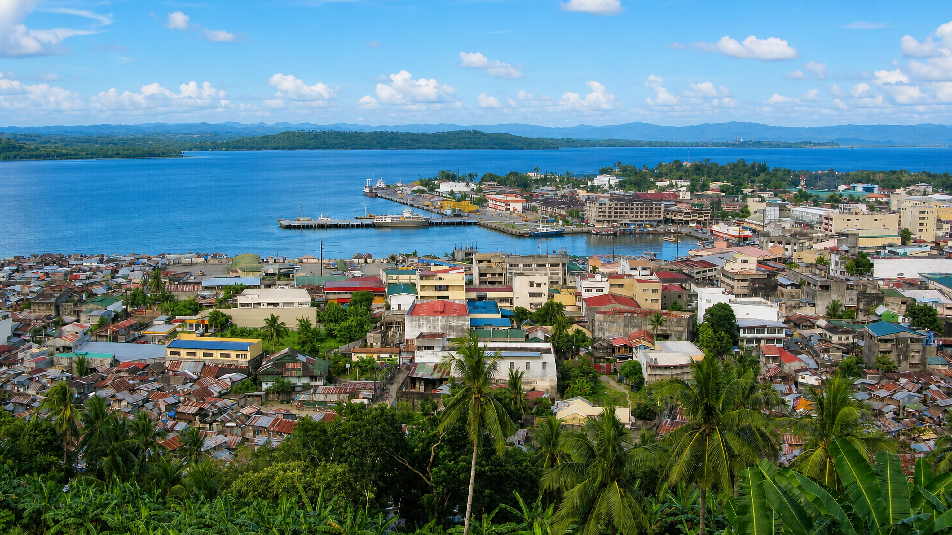 Hillside view over Tacloban, Philippines, its tin-roofed houses, waterfront piers and San Pedro Bay.