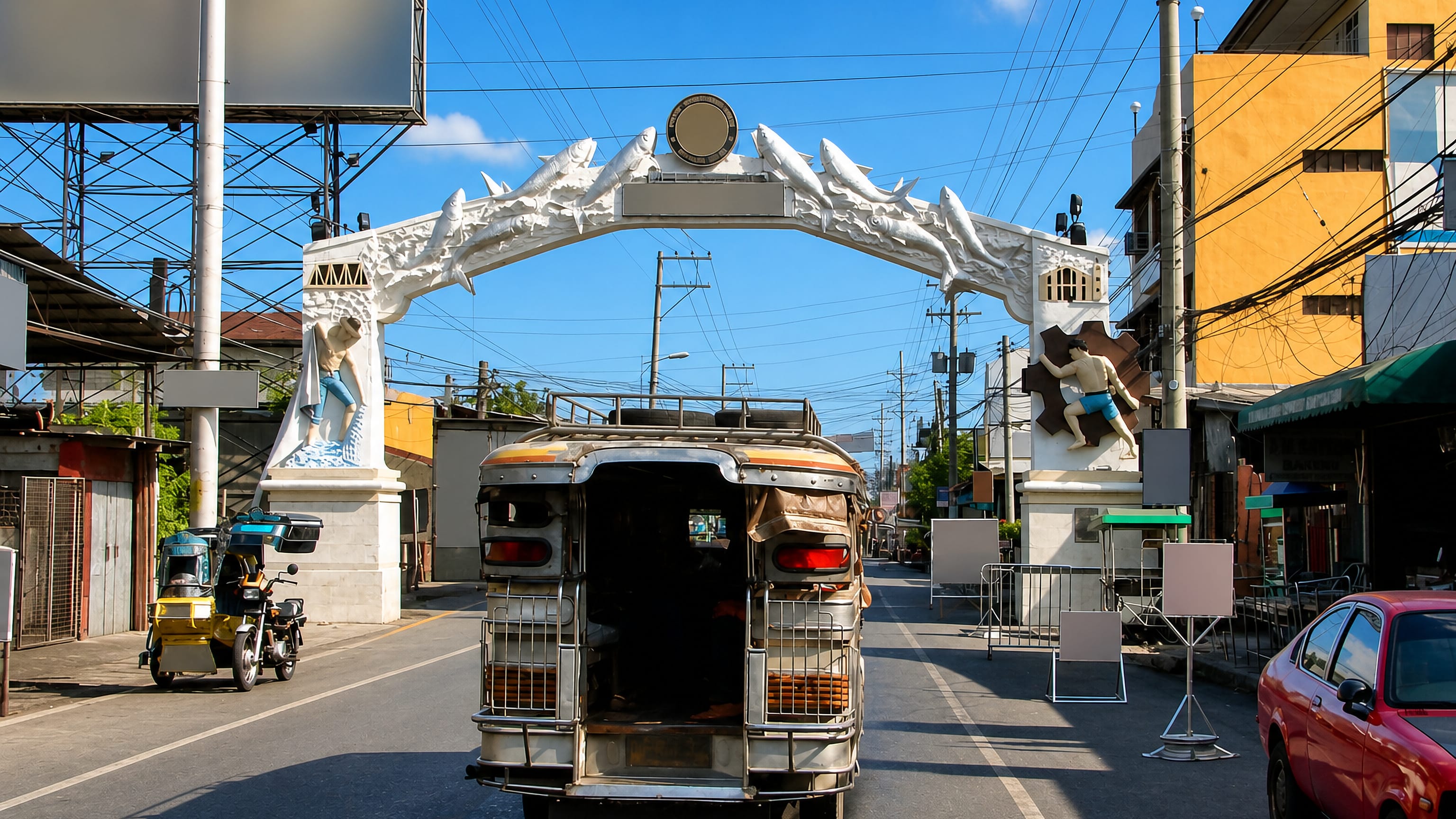 White arch decorated with milkfish sculptures spanning a street in Dagupan, Philippines, as a jeepney passes.