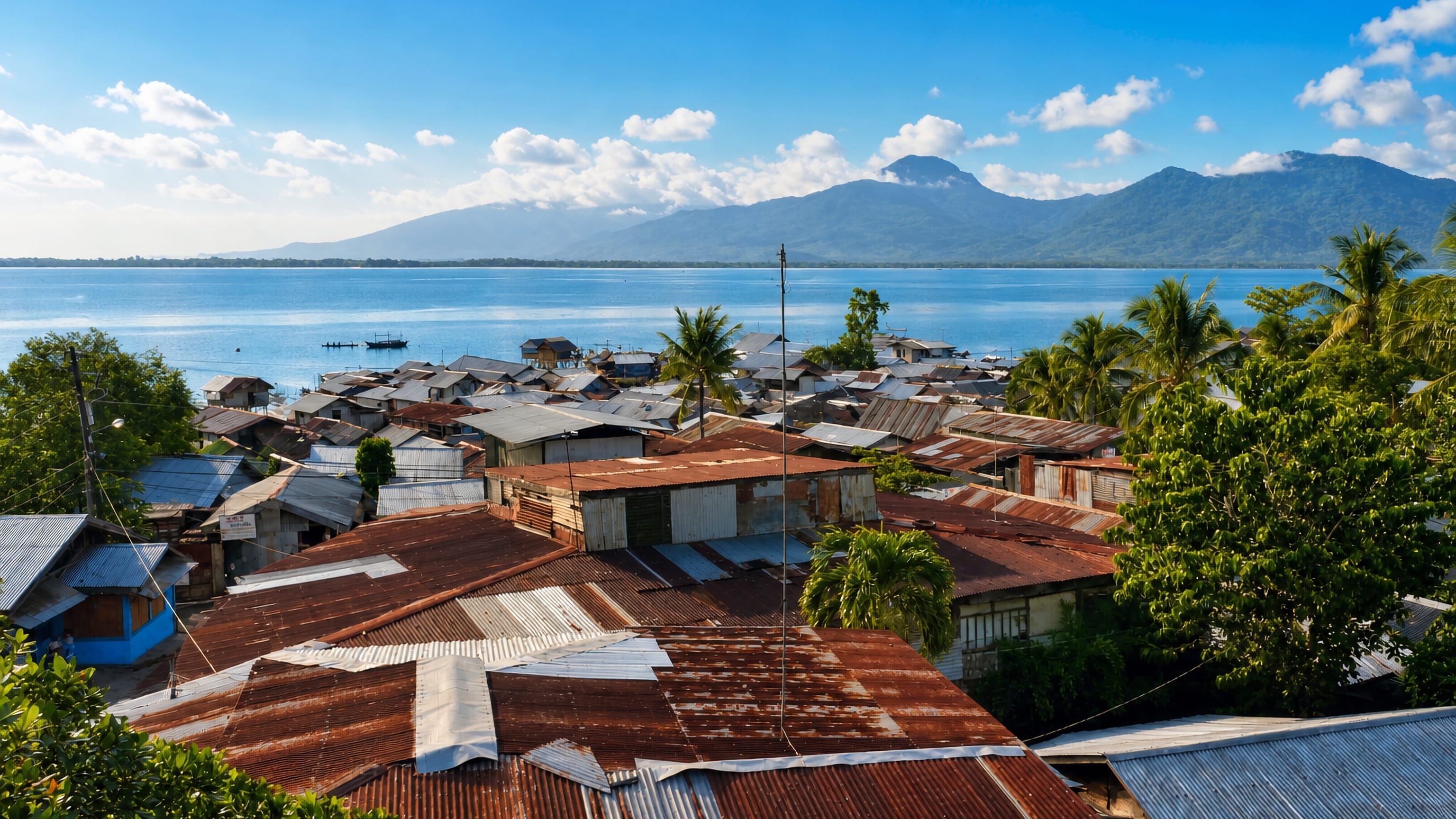 Rusting tin roofs of a coastal neighbourhood in Puerto Princesa with the bay and mountains of Palawan beyond