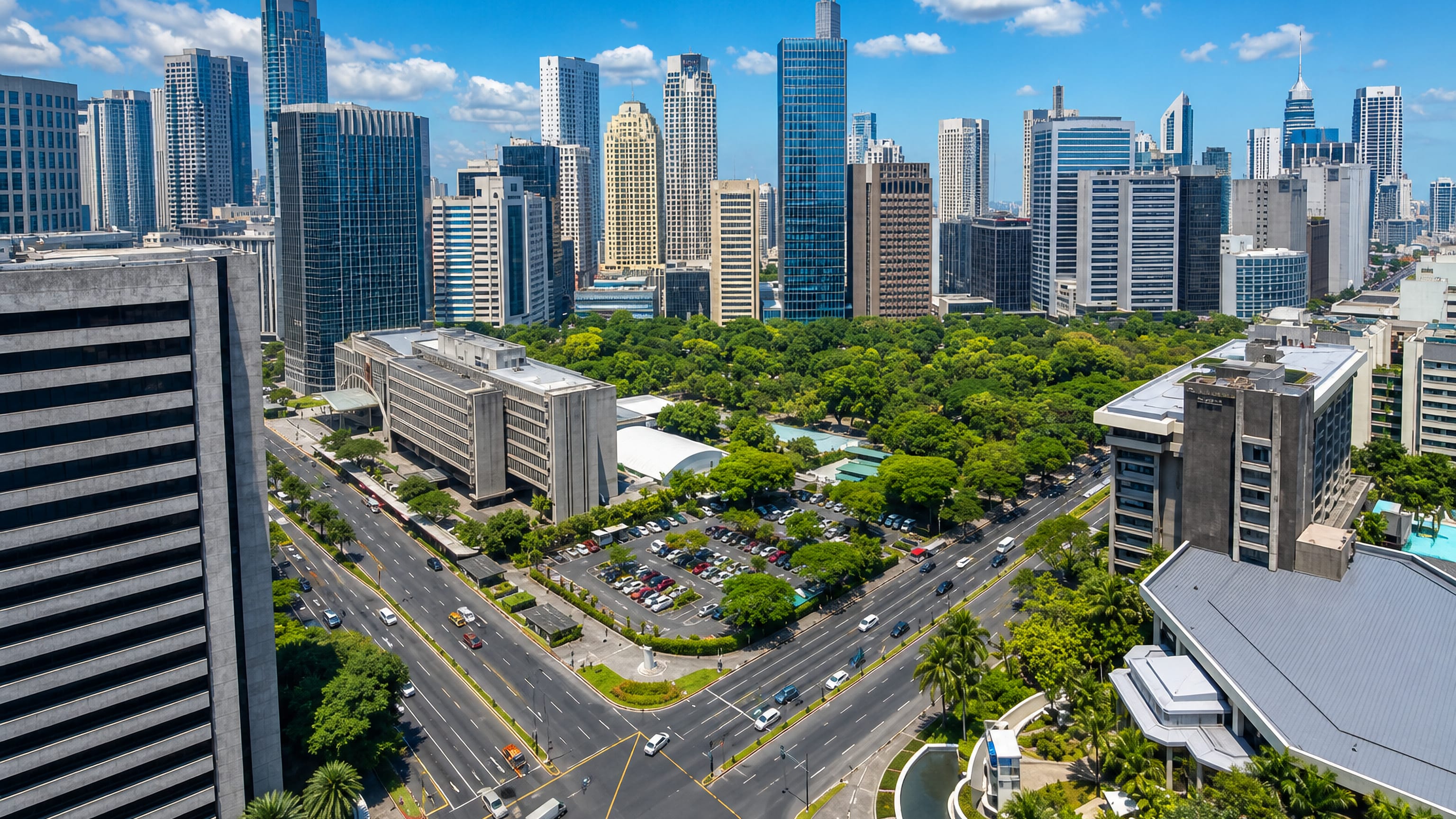 Aerial view over Makati City's central business district, with high-rise towers, a leafy park and wide avenues.