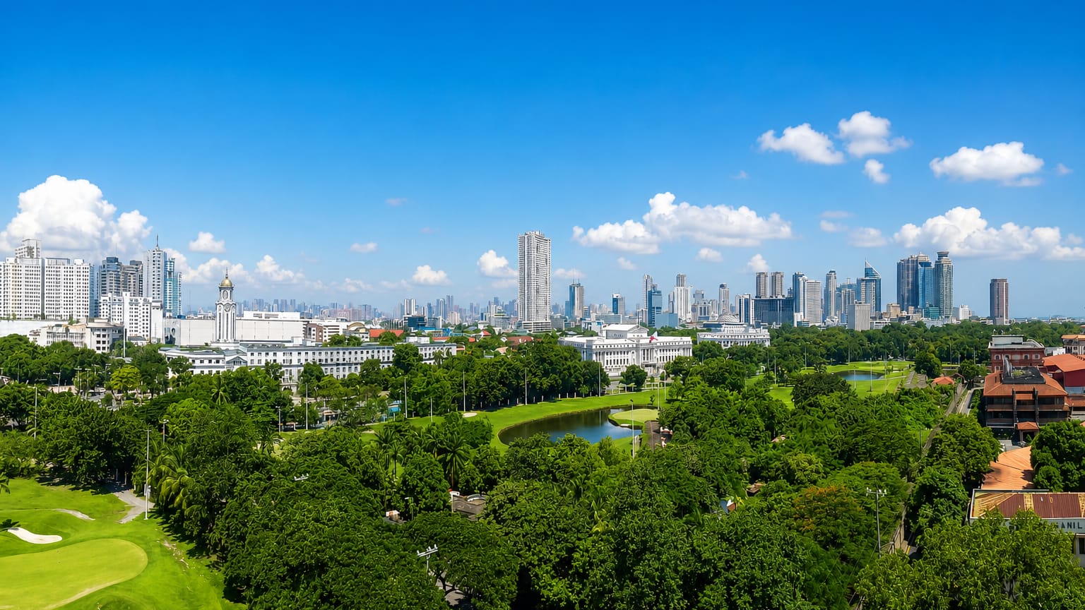 Green parkland and a golf course in front of Manila's mid-rise skyline under a bright blue sky