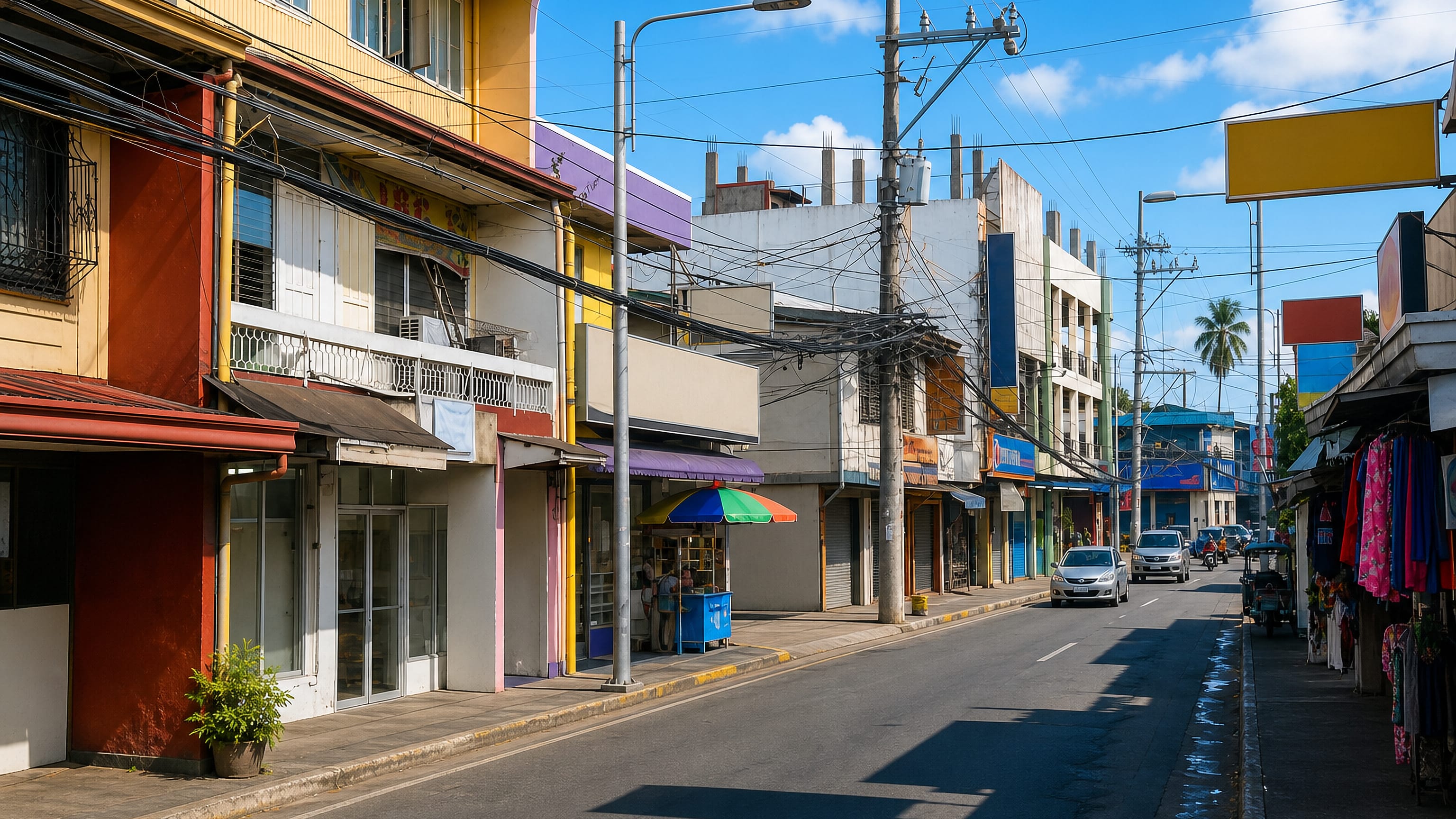 A narrow shopping street in Pateros, Metro Manila, lined with colourful low-rise shophouses and power lines
