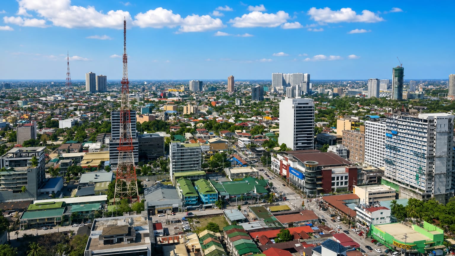 Aerial view of Quezon City's sprawl and mid-rise towers beside a tall red-and-white broadcast tower