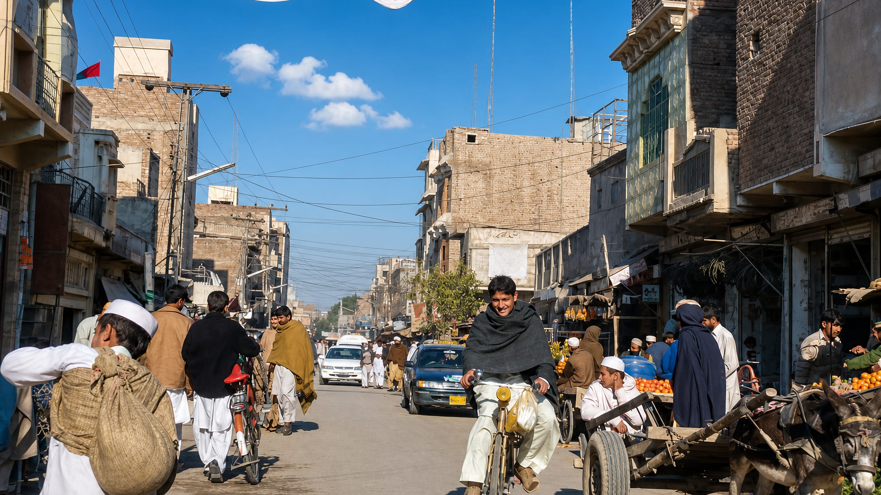 Busy daytime bazaar street in Bannu, Pakistan, with brick shopfronts, cyclists, market stalls and a donkey cart.