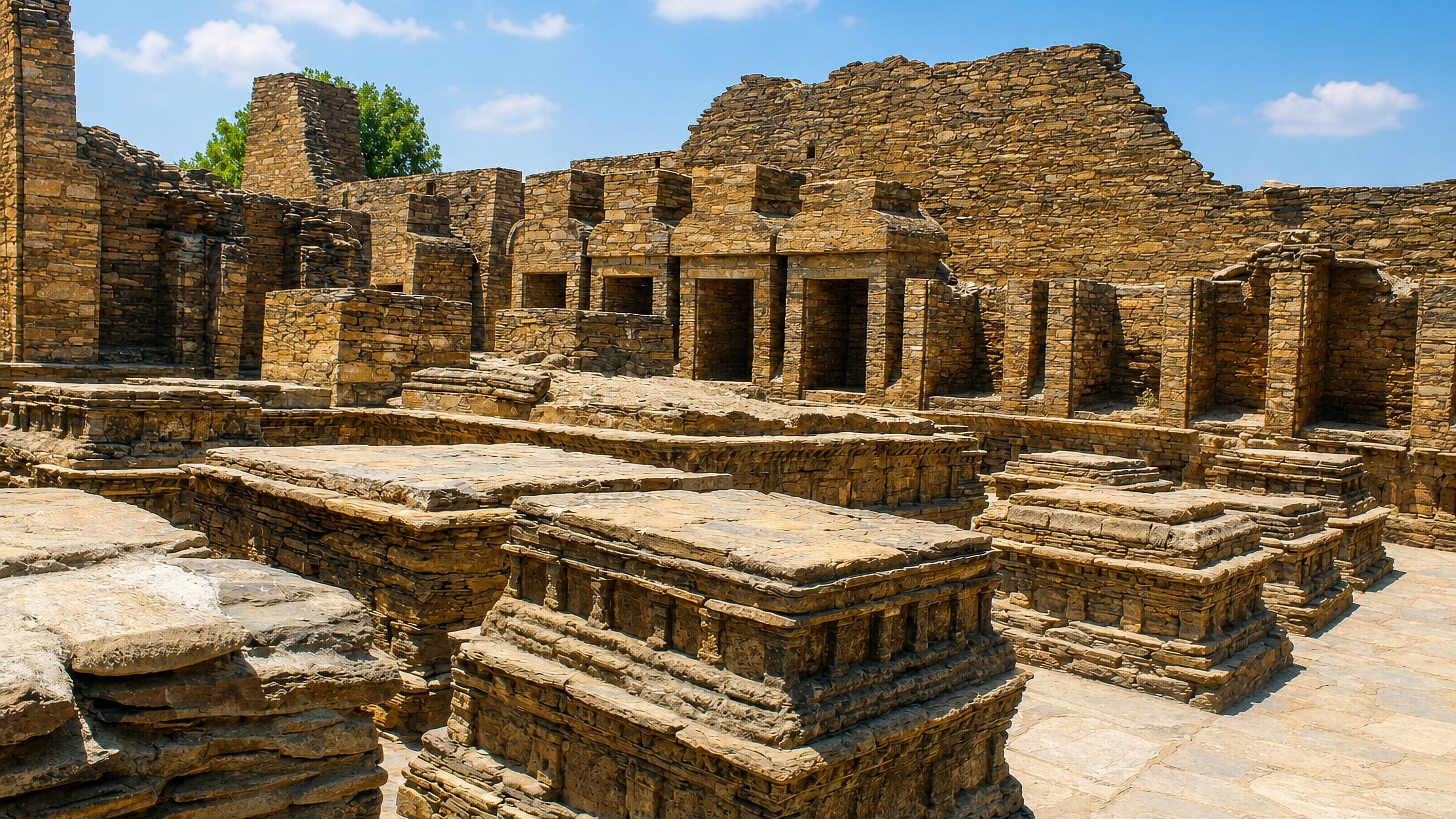 Stone stupa courts and monastery cells of the Takht-i-Bahi Buddhist ruins near Mardan