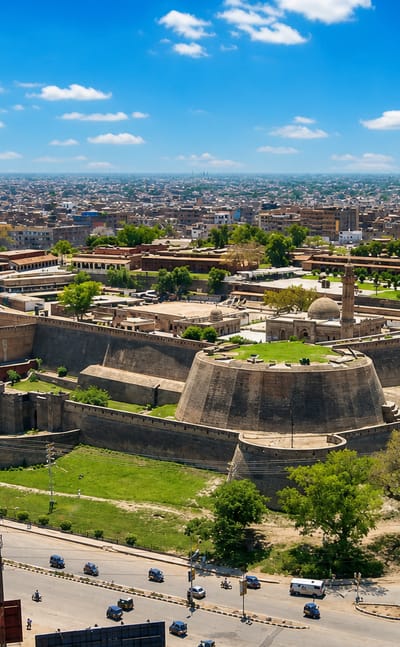 Aerial view of the Bala Hissar fort ringed by the city sprawl in Peshawar, Pakistan