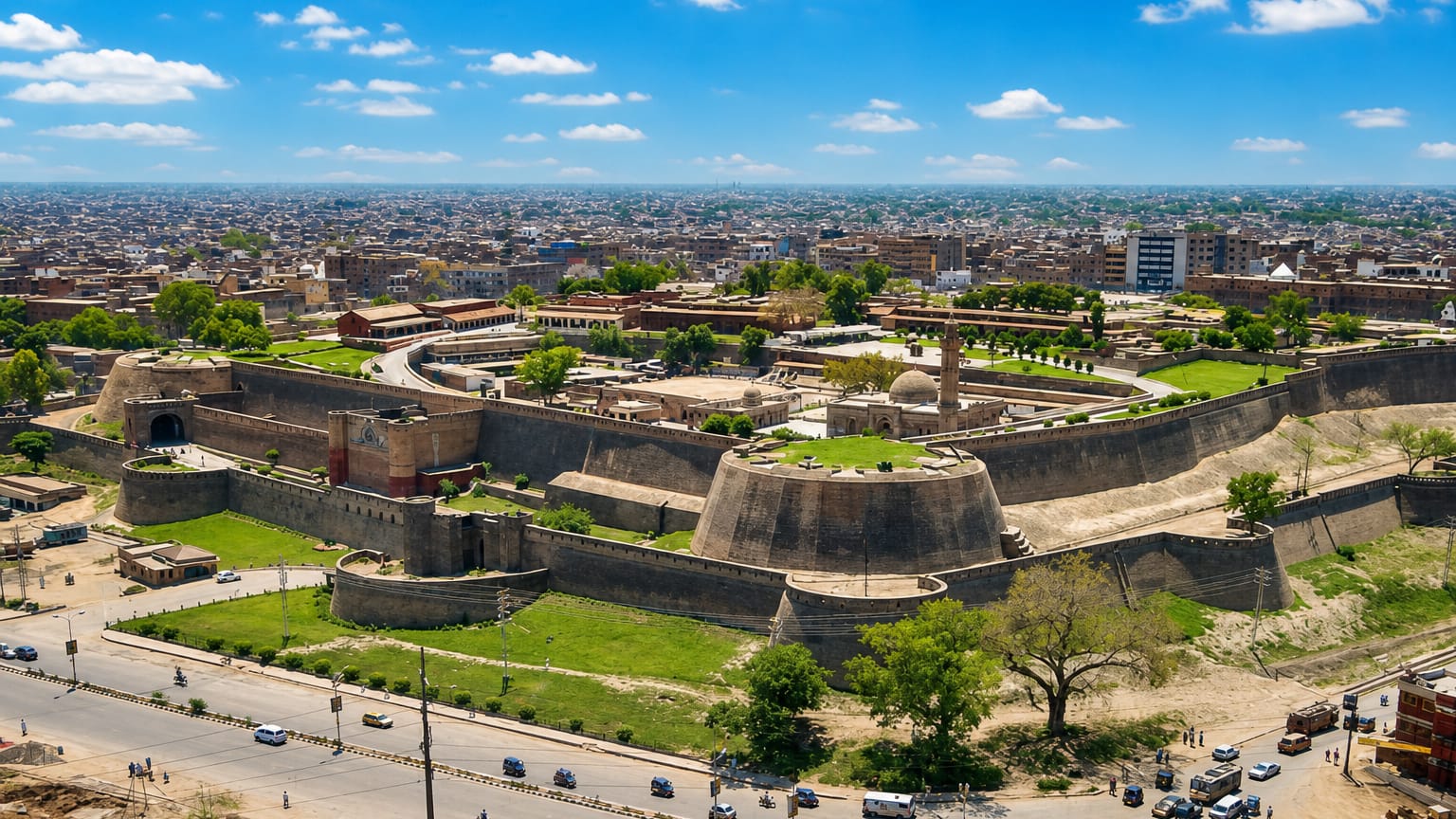 Aerial view of the Bala Hissar fort ringed by the city sprawl in Peshawar, Pakistan