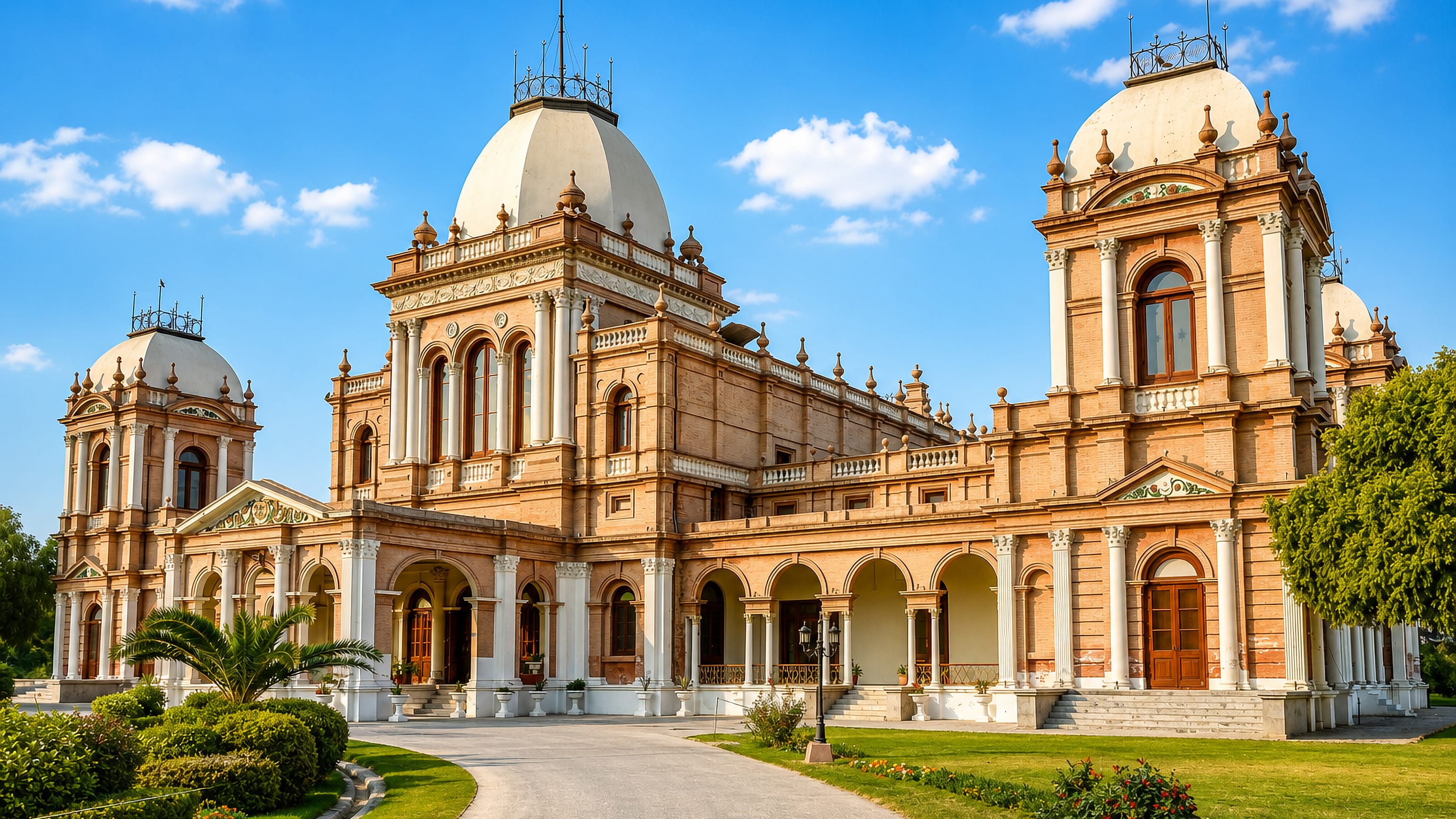 Domed sandstone Noor Mahal palace and its manicured lawns in Bahawalpur, Pakistan.