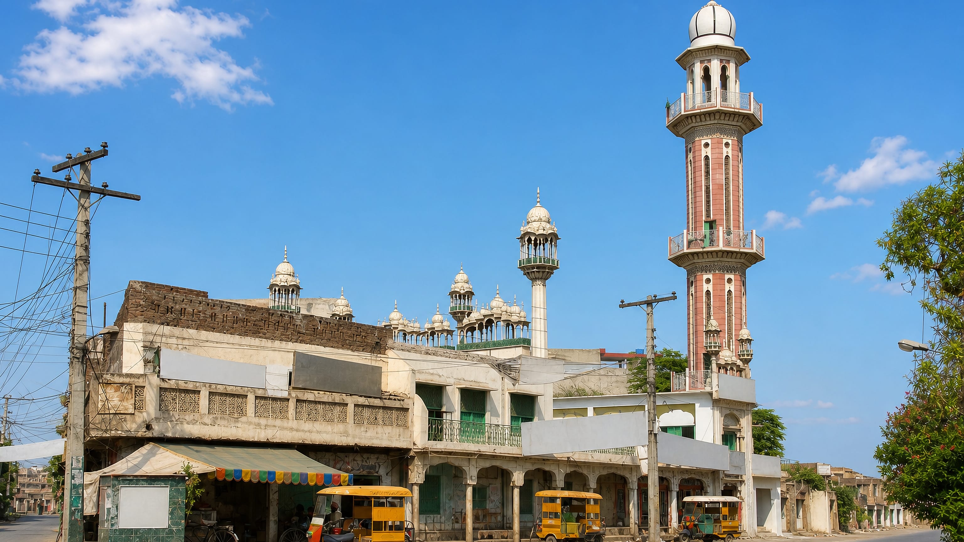Street corner in Daska, Sialkot district, with a brick mosque minaret above arcaded shops and rickshaws.