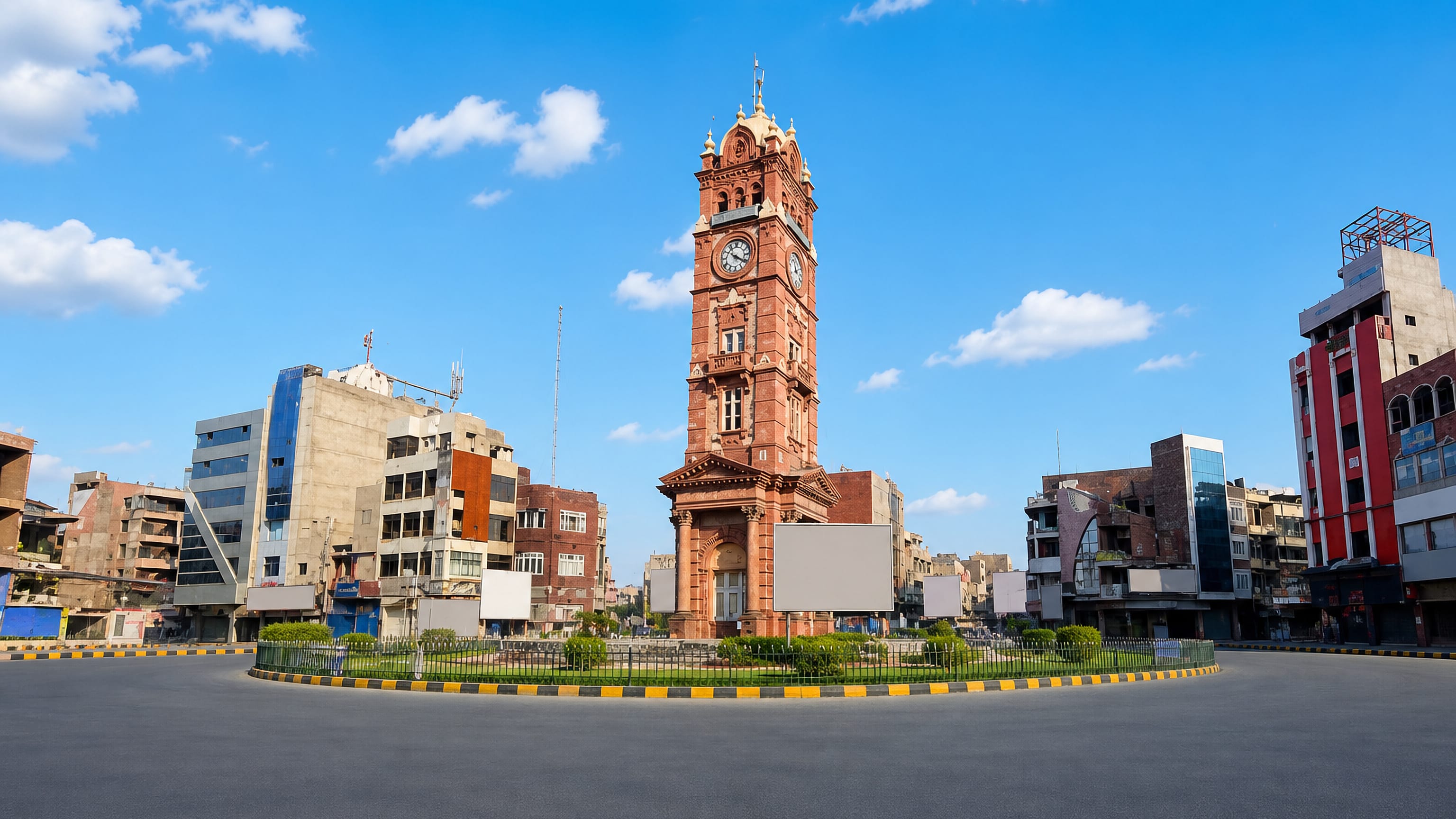 The red sandstone Clock Tower of Faisalabad rising above its roundabout amid city buildings under a blue sky
