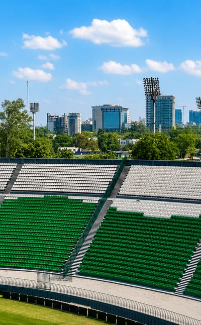Green-and-white cricket stadium stands with the Gulberg, Lahore skyline of office towers rising behind