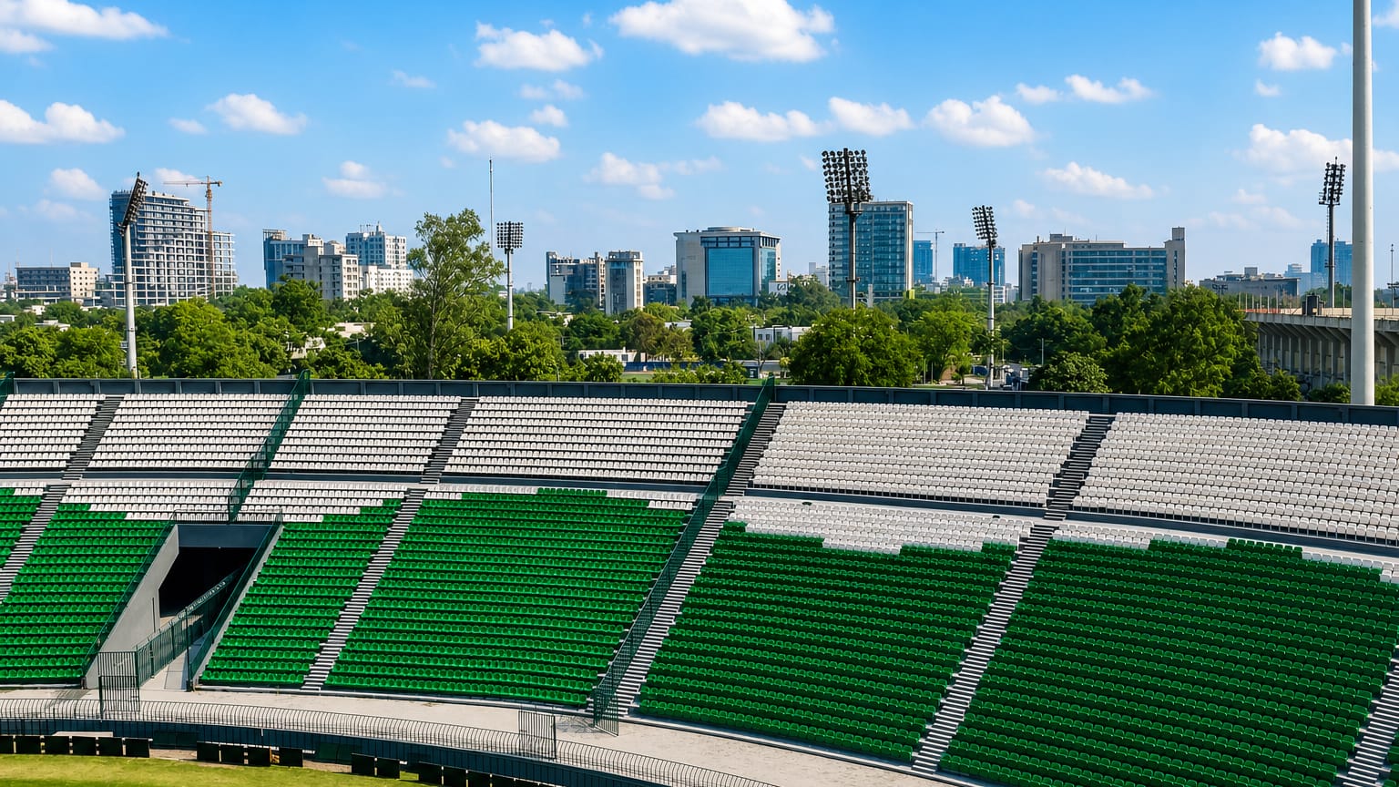Green-and-white cricket stadium stands with the Gulberg, Lahore skyline of office towers rising behind