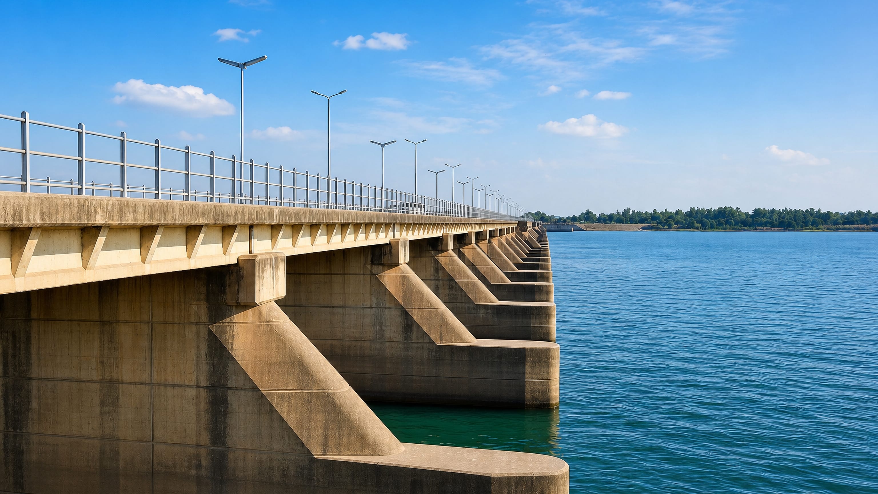 Concrete barrage carrying a road across a wide river near Mandi Bahauddin, Punjab, Pakistan.